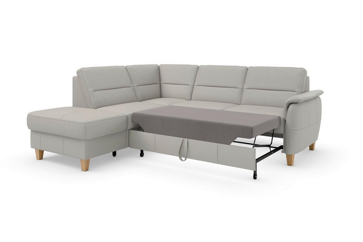 ECKSOFA PALMERA E Hellgrau Kombination Echtleder/Stoff Mikrofaser Stauraum  - Eichefarben/Hellgrau, Basics, Leder/Holz (212/236cm) - Sit & More