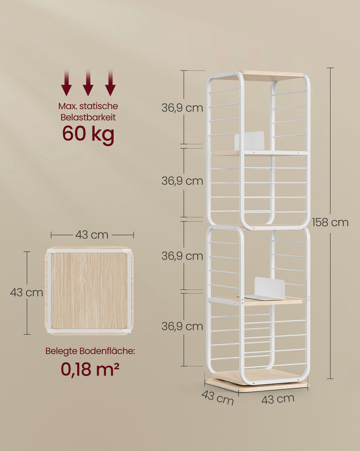 NÁSTENNÁ KNIŽNICA, biela, béžová, uhlíková oceľ, 43/158/43 cm - biela/béžová, Trend, kov/kompozitné drevo (43/158/43cm) - Boxxx