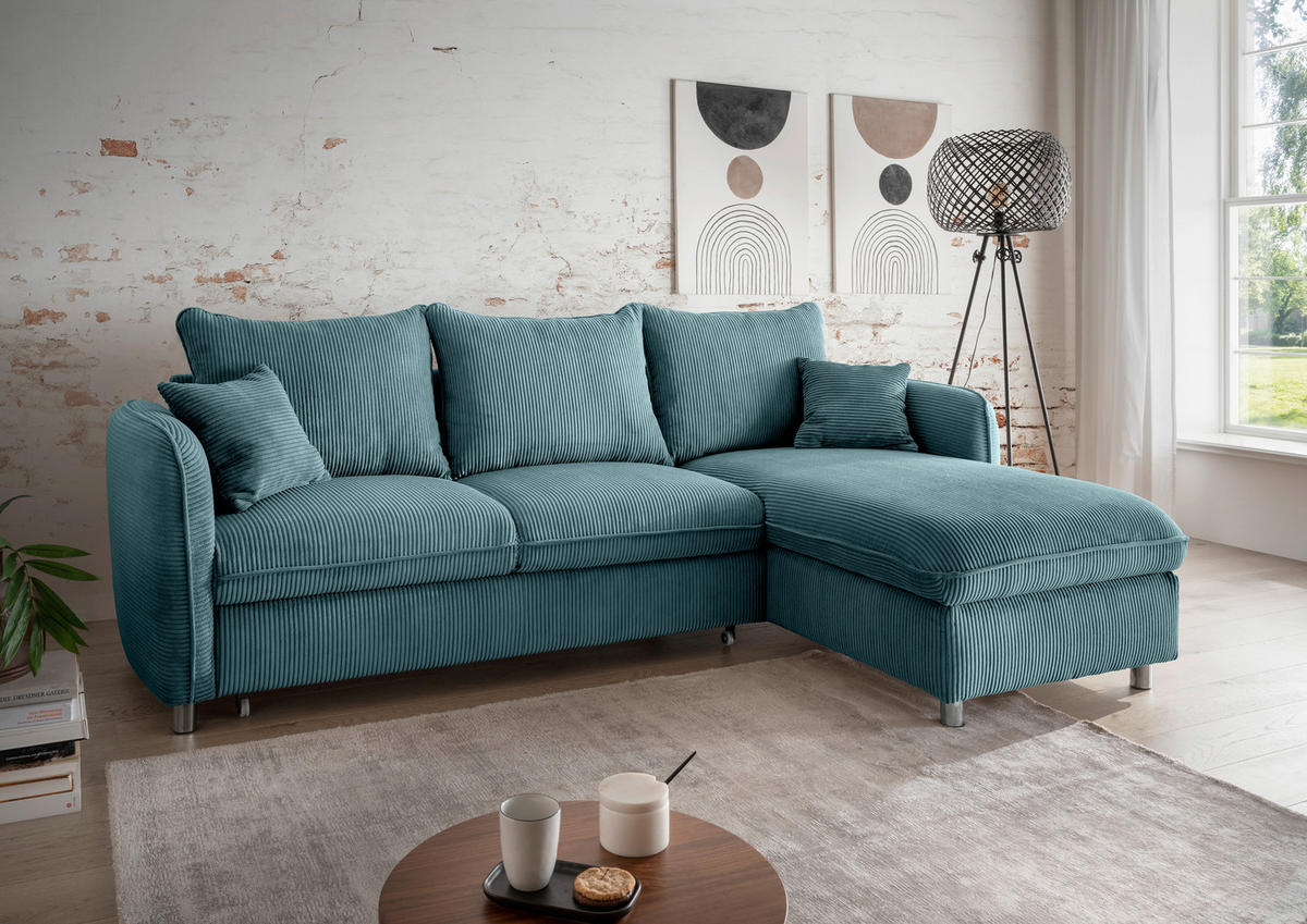 ECKSCHLAFSOFA in Cord Petrol  - Chromfarben/Petrol, Modern, Textil/Metall (254/160cm) - Livetastic
