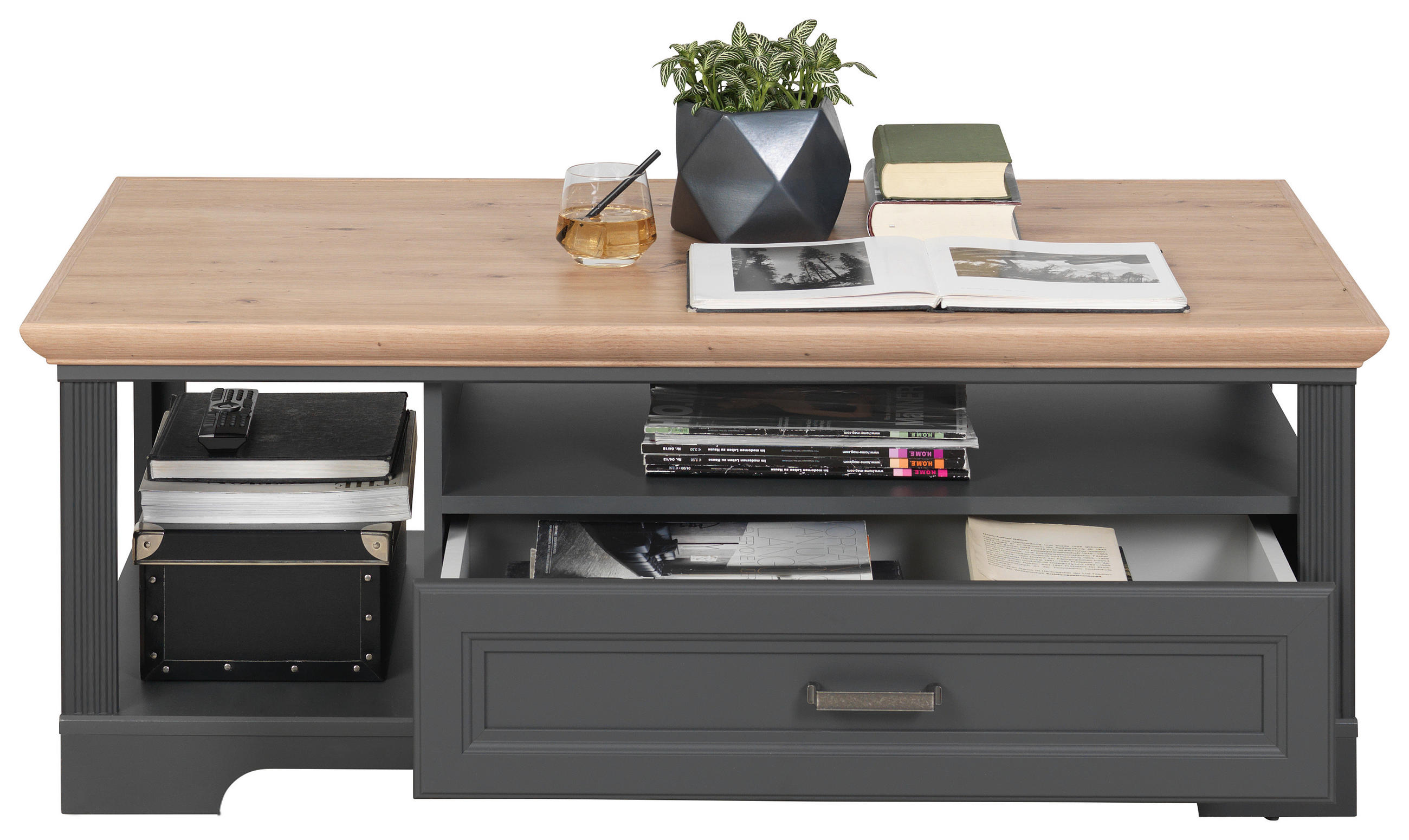 Thumbnail - Hom`in Couchtisch, Graphit, Eiche Artisan, Metall, 1 Schublade(n) Schubladen, rechteckig, Sockel, 67x45x120 cm, offenes ...