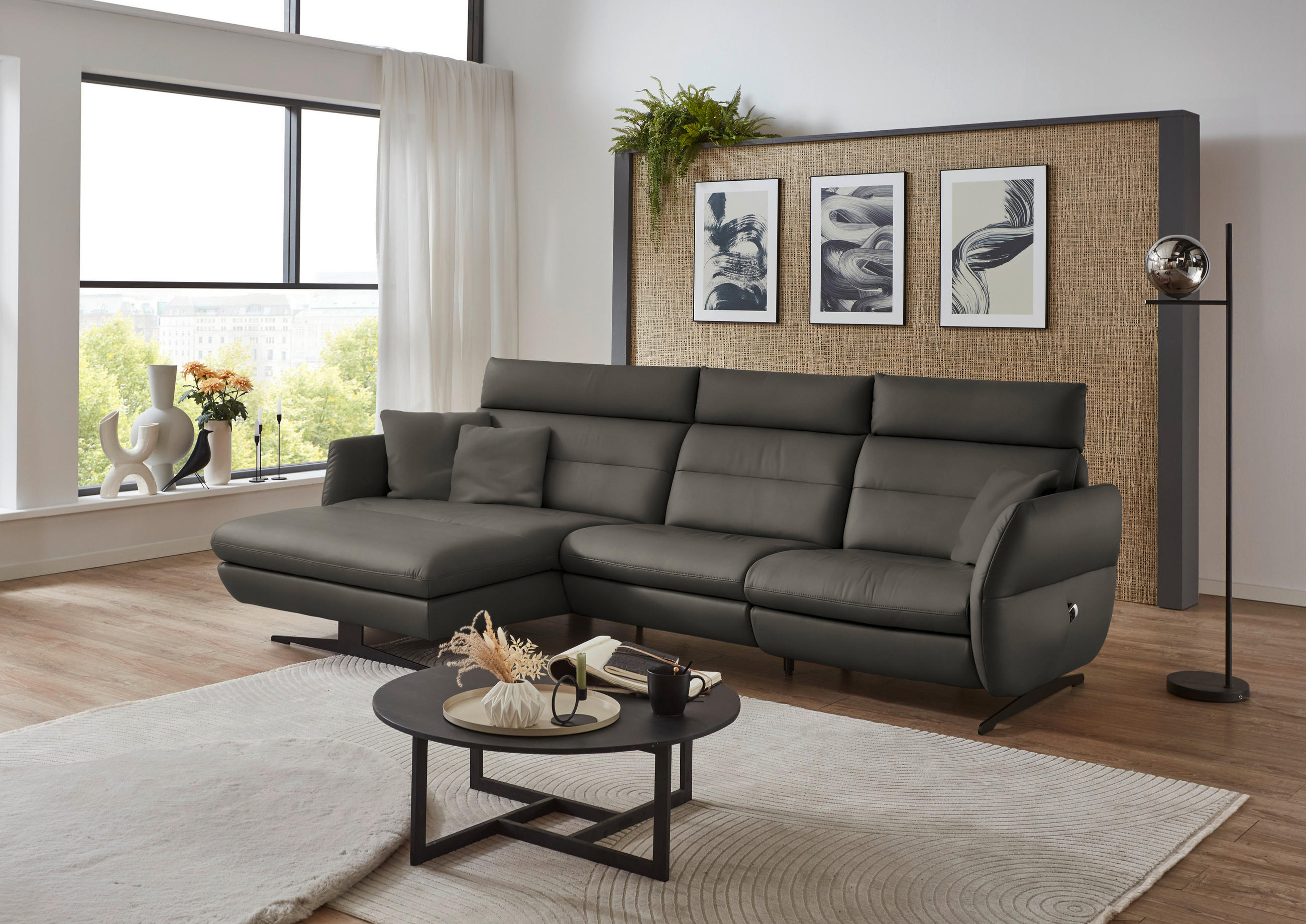 ECKSOFA in Echtleder Dunkelgrau  - Dunkelgrau/Schwarz, Design, Leder/Metall (169/298cm) - Dieter Knoll