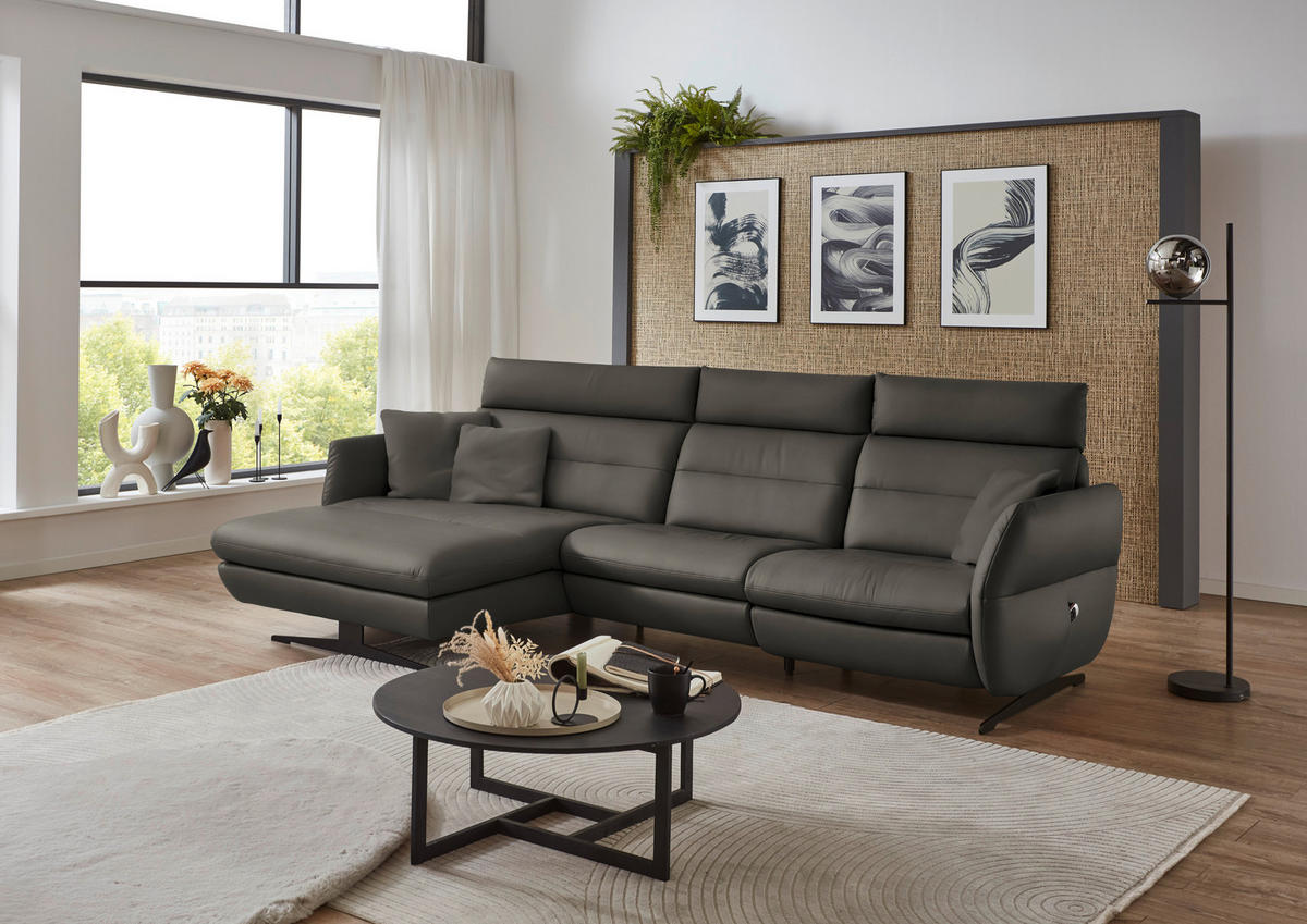 ECKSOFA in Echtleder Dunkelgrau  - Dunkelgrau/Schwarz, Design, Leder/Metall (169/298cm) - Dieter Knoll