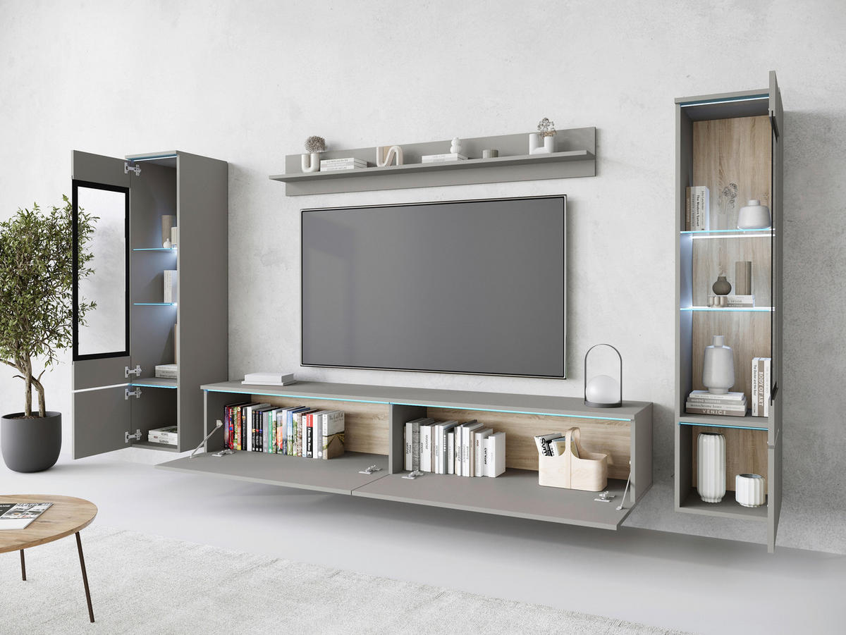 WOHNWAND Vera 4-teilig  in Grau   - Grau, Trend, Glas/Holzwerkstoff (240/130/33cm)