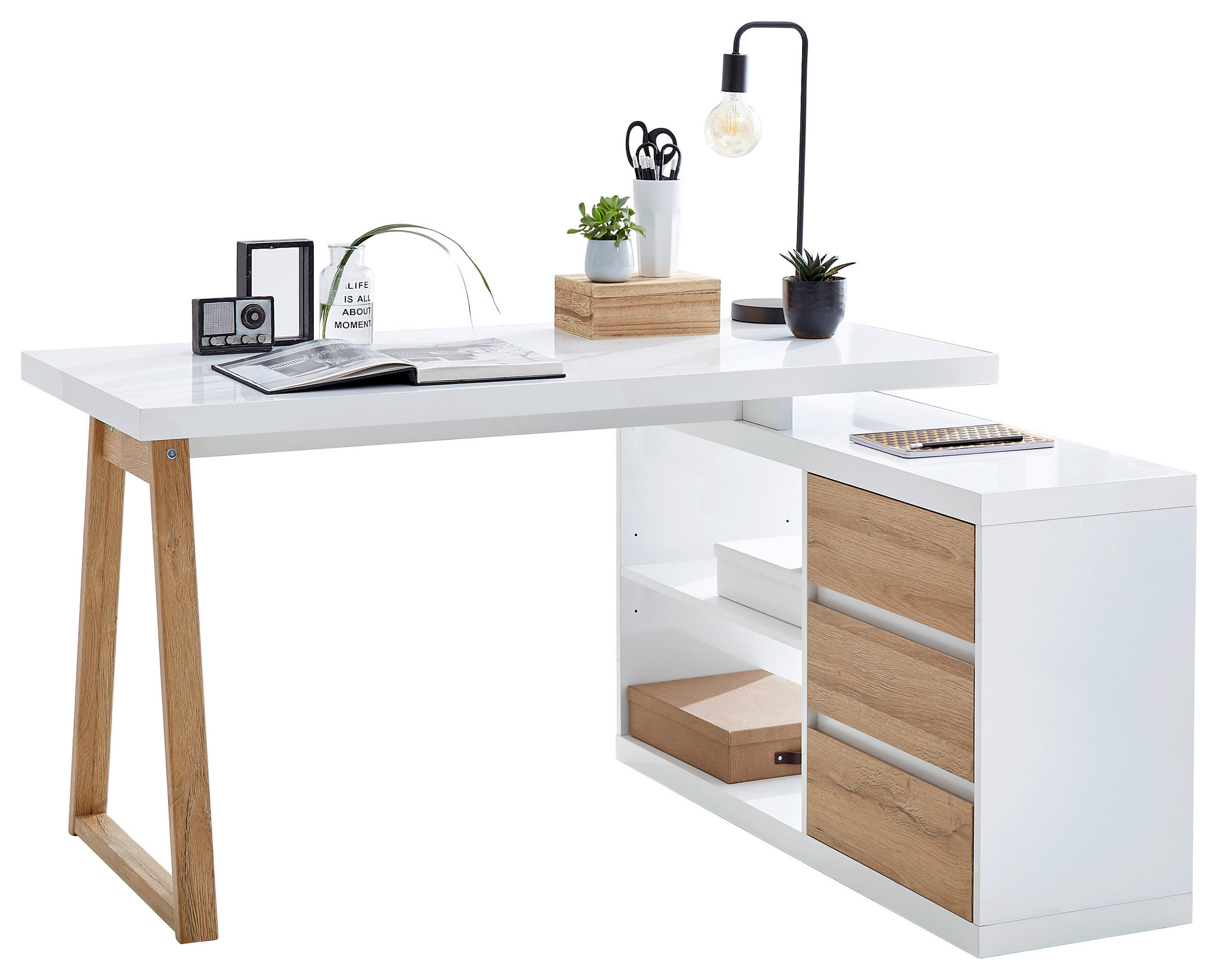 Eckschreibtisch in Weiß, Eichefarben