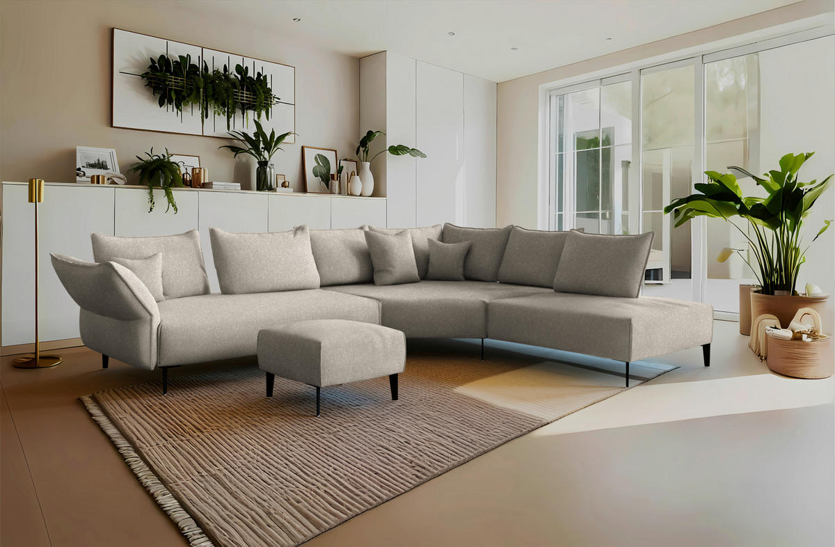 ECKSOFA Chenille, Flachgewebe Greige  - Greige/Schwarz, Modern, Textil/Metall (340/272cm) - W.Schillig