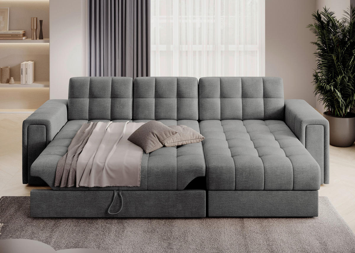 ECKSOFA Samt Grau  - Schwarz/Grau, Design, Kunststoff/Textil (260/150cm) - MID.YOU