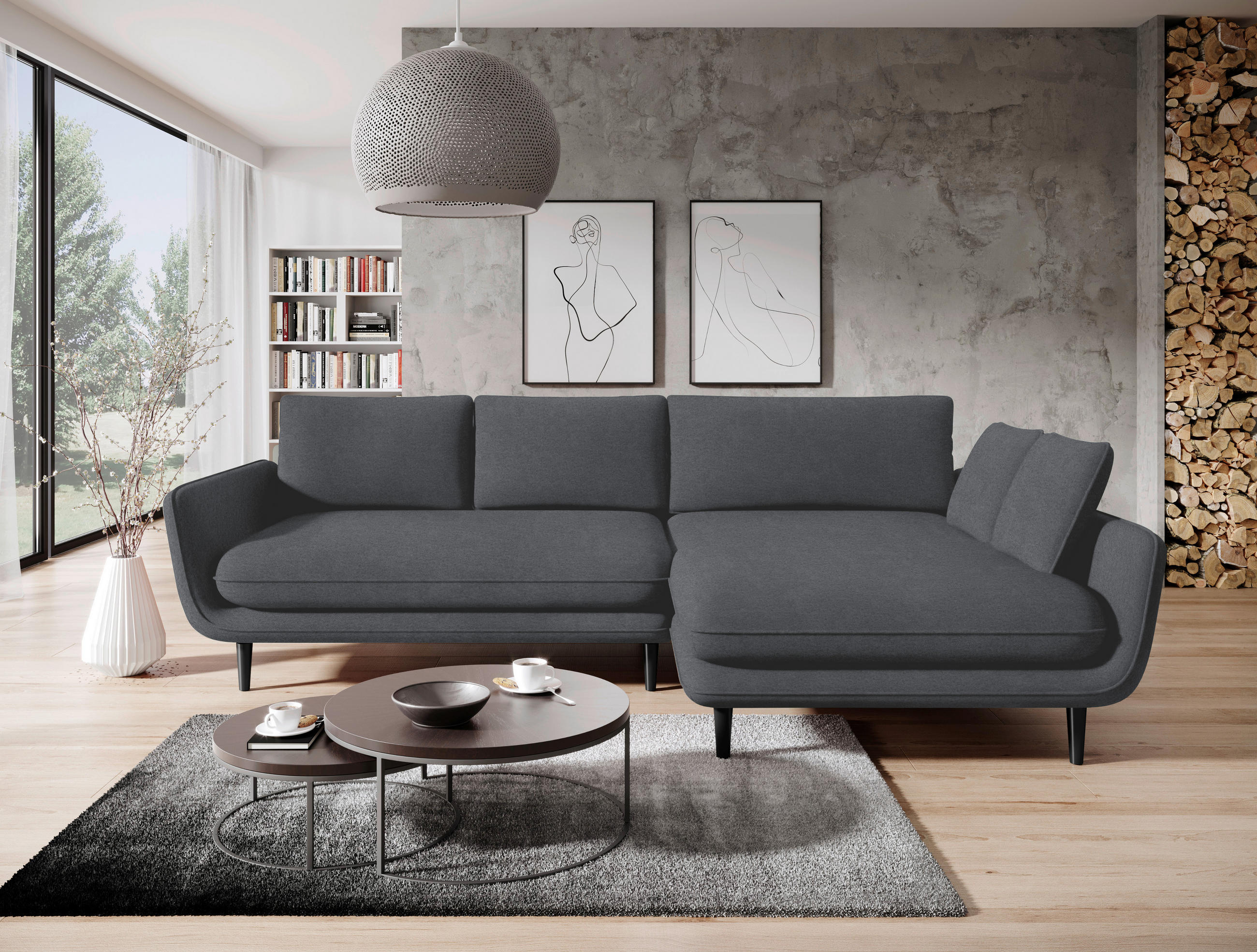 ECKSOFA in Velours Dunkelgrau  - Dunkelgrau/Schwarz, Design, Holz/Textil (260/167cm) - Welnova