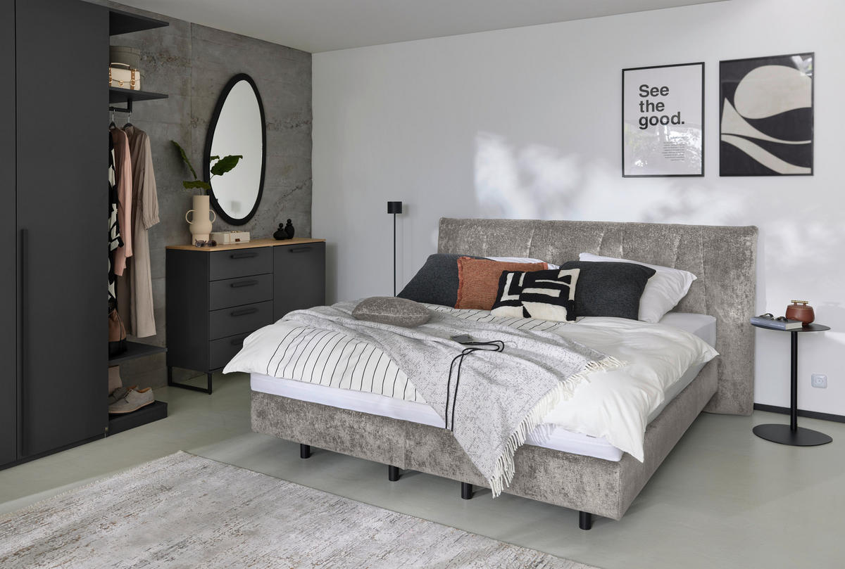 BOXSPRINGBETT 180/200 cm,  in Hellgrau, gepolstertes Kopfteil, Matratzen, H2 + H3 = mittel + fest  - Hellgrau/Schwarz, Design, Textil/Metall (180/200cm) - Musterring