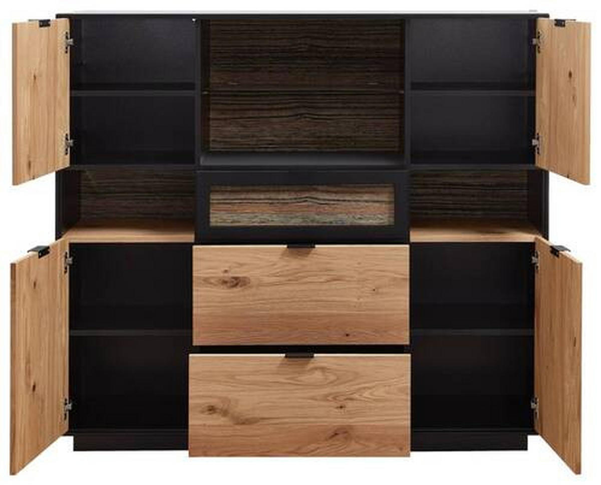 HIGHBOARD Schwarz, Eichefarben  145/130/38 cm  - Eichefarben/Schwarz, Design, Glas/Holz (145/130/38cm) - Novel