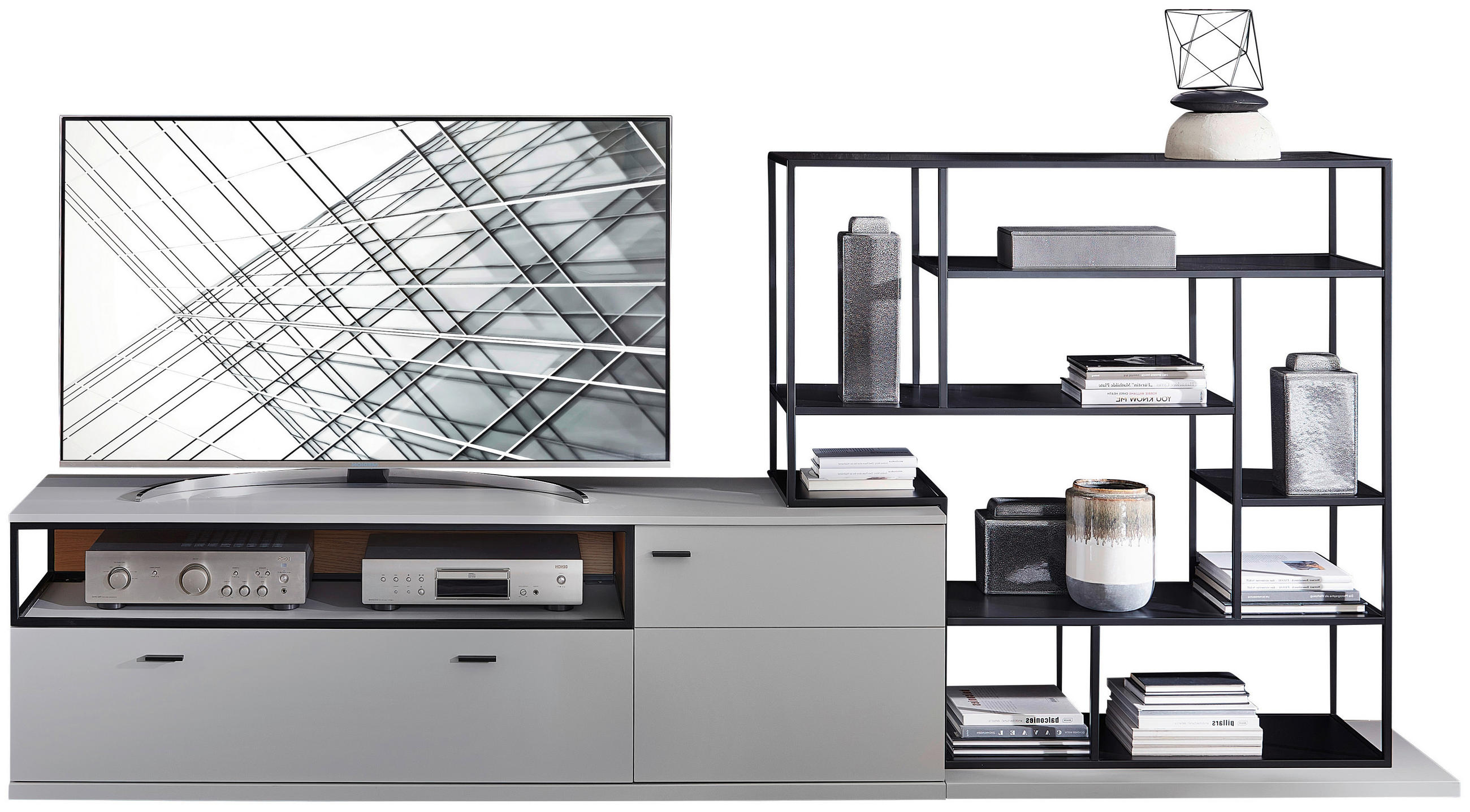 Wohnwand in Graphitfarben, Eichefarben, Hellgrau