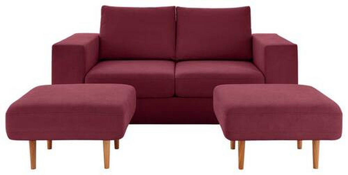 VIERSITZER-SOFA inkl. Hocker LOOKS V-2 Webstoff Rot, Beere  - Eichefarben/Beere, Design, Holz/Textil (252/96/107cm) - LOOKS by W.Joop