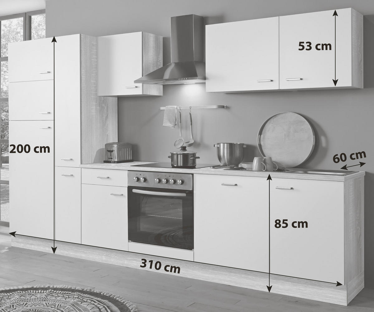 KÜCHENBLOCK 310 cm   in Weiß, Sonoma Eiche  - Silberfarben/Weiß, KONVENTIONELL, Holzwerkstoff/Kunststoff (310cm) - Menke