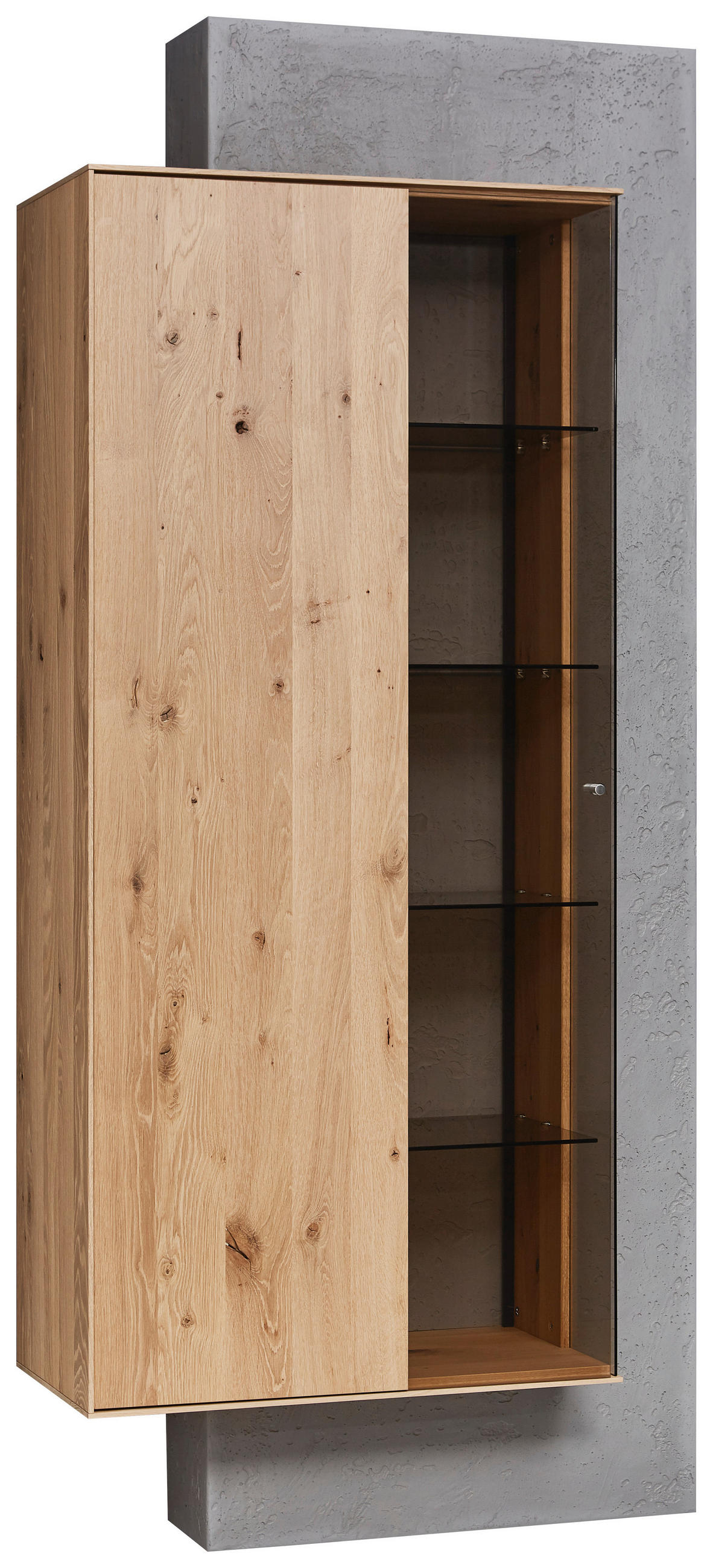 Vitrine in massiv Kerneiche Grau, Eichefarben, Transparent