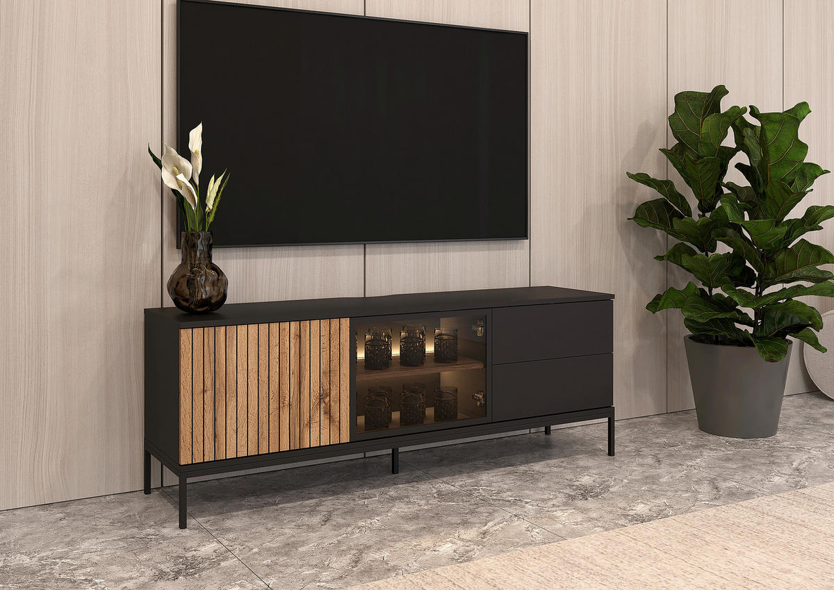 TV-BÄNK  153,6/56/38 cm 2 låda(or) modellutbud, möbler i samma serie finns att köpa till, stort utbud av tillbehör finns, stående, finns i olika storlekar, finns i olika trädekorer  - ek Wotan/svart, Klassisk, trämaterial/glas (153,6/56/38cm) - Xora