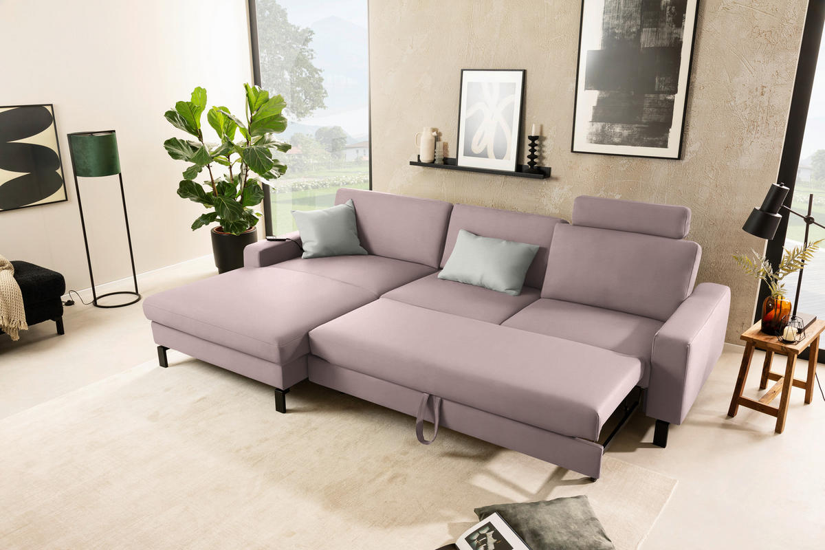 ECKSOFA  in Cord Rosa Rücken echt, Sitztiefenverstellung  185/298 cm  - Schwarz/Rosa, Design, Textil/Metall (185/298cm) - Pure Home Lifestyle