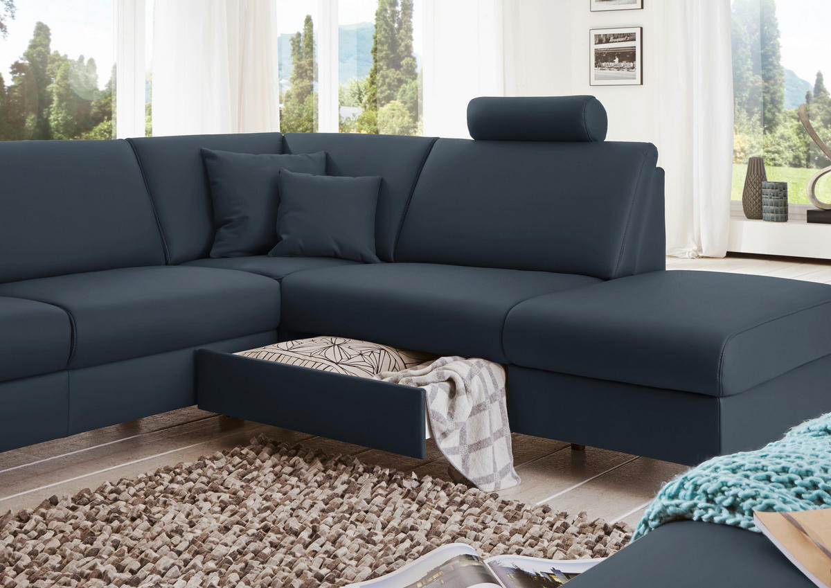 WOHNLANDSCHAFT in Echtleder Dunkelblau  - Alufarben/Dunkelblau, Design, Leder/Metall (165/339/233cm) - Beldomo Premium