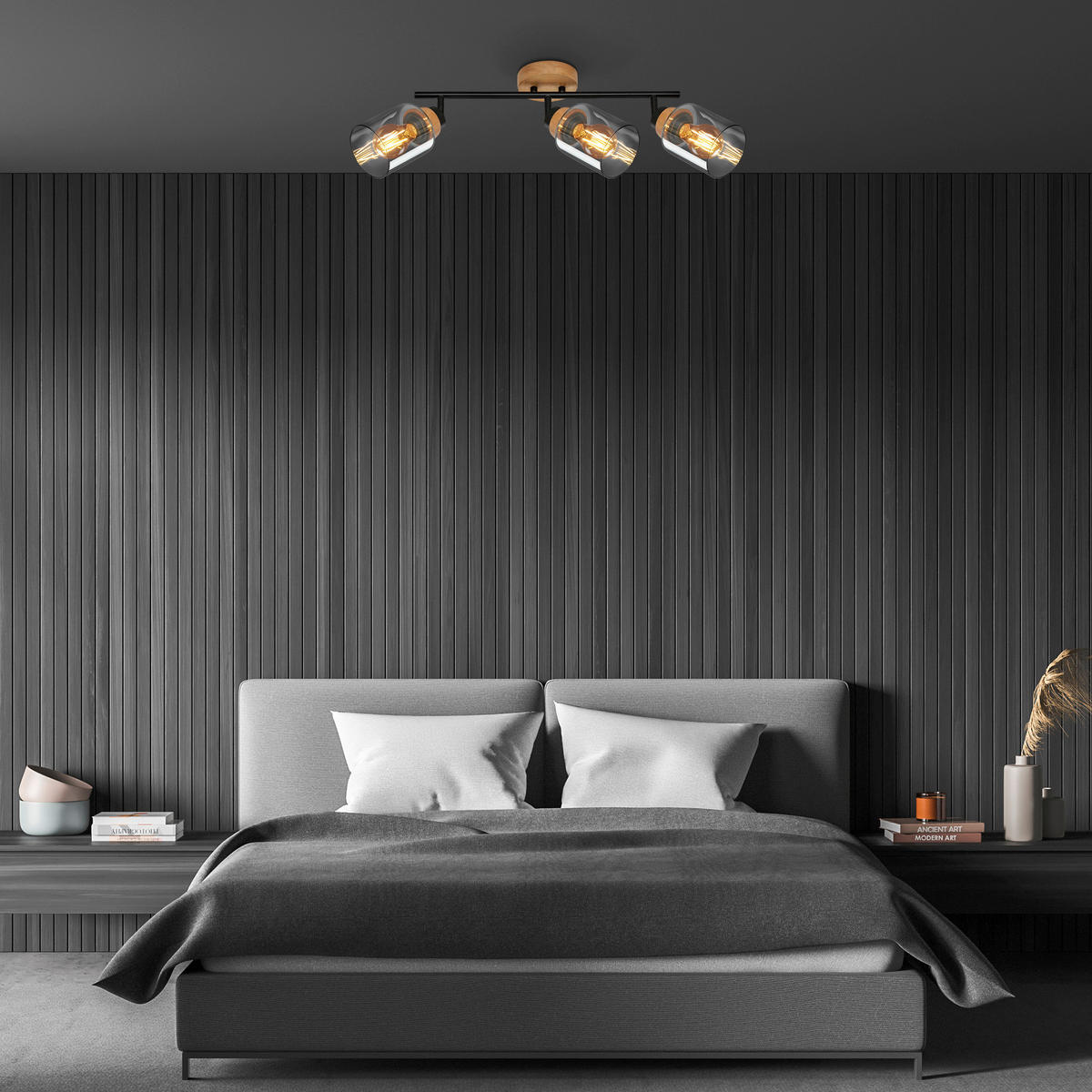 DECKENSPOTS 47/11/24 cm   - Eichefarben/Schwarz, Design, Glas/Holz (47/11/24cm)