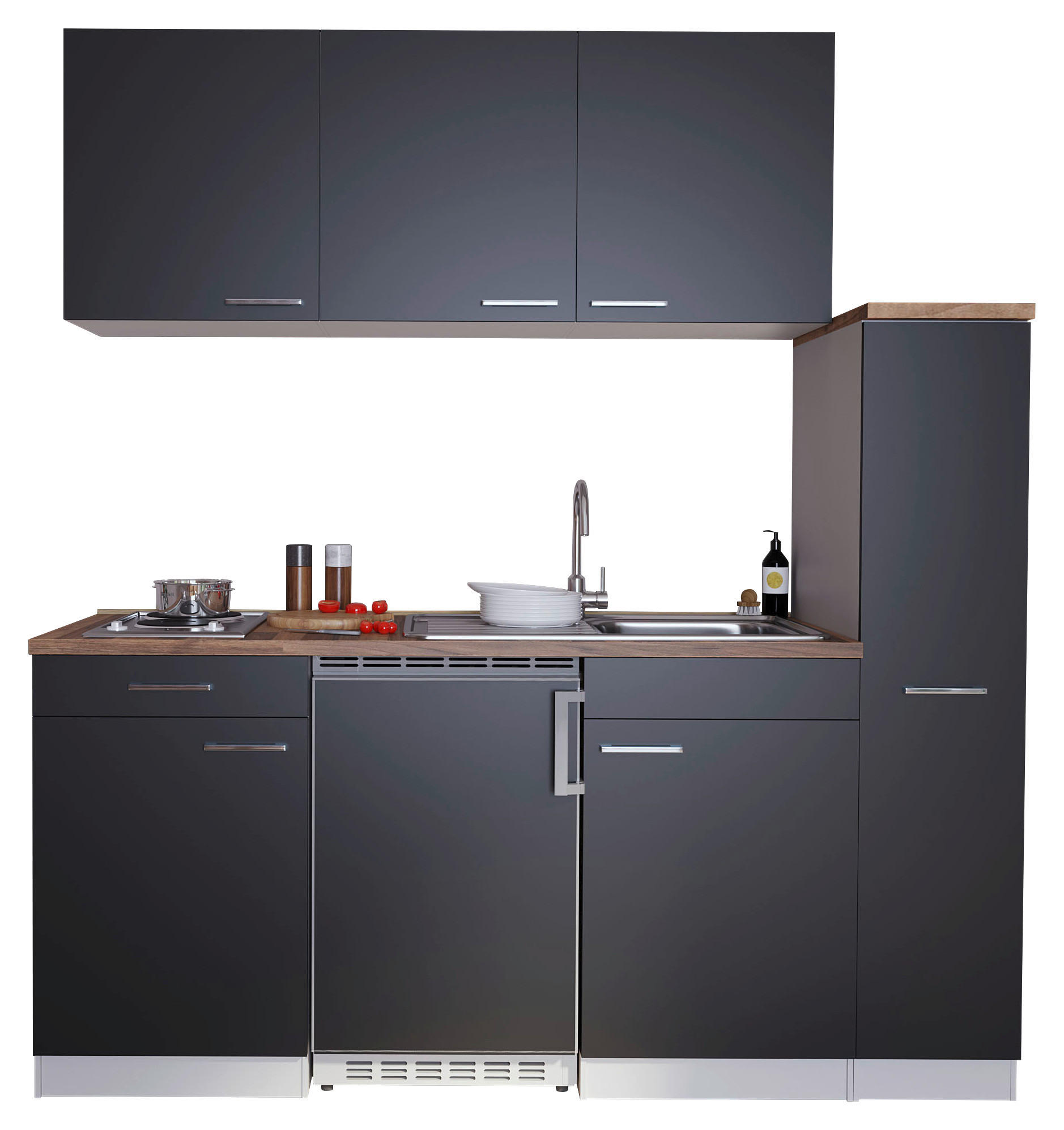 KÜCHENBLOCK 180 cm in Schwarz - Nussbaumfarben/Alufarben, Basics, Holzwerkstoff/Kunststoff (180cm) - Respekta