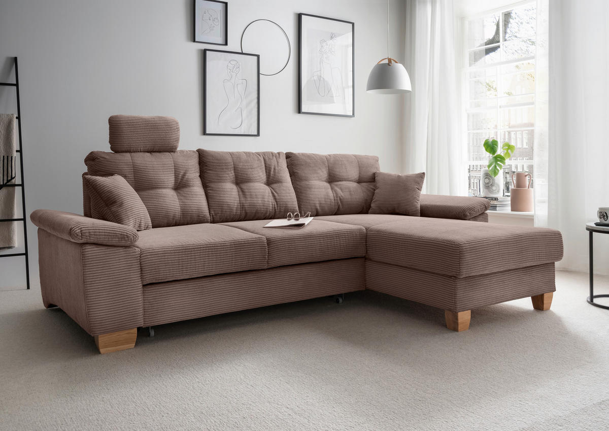 ECKSOFA in Cord Graubraun  - Graubraun/Naturfarben, Modern, Holz/Textil (270/176cm) - Livetastic