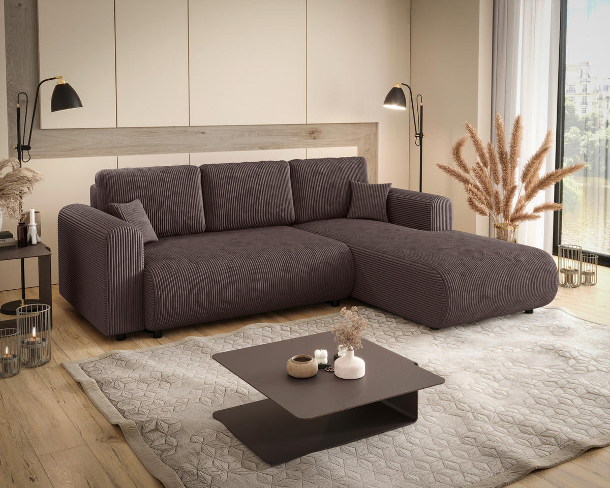 ECKSOFA inkl. Funktionen Dunkelbraun Cord  - Dunkelbraun/Schwarz, KONVENTIONELL, Kunststoff/Textil (260/200cm) - Xora