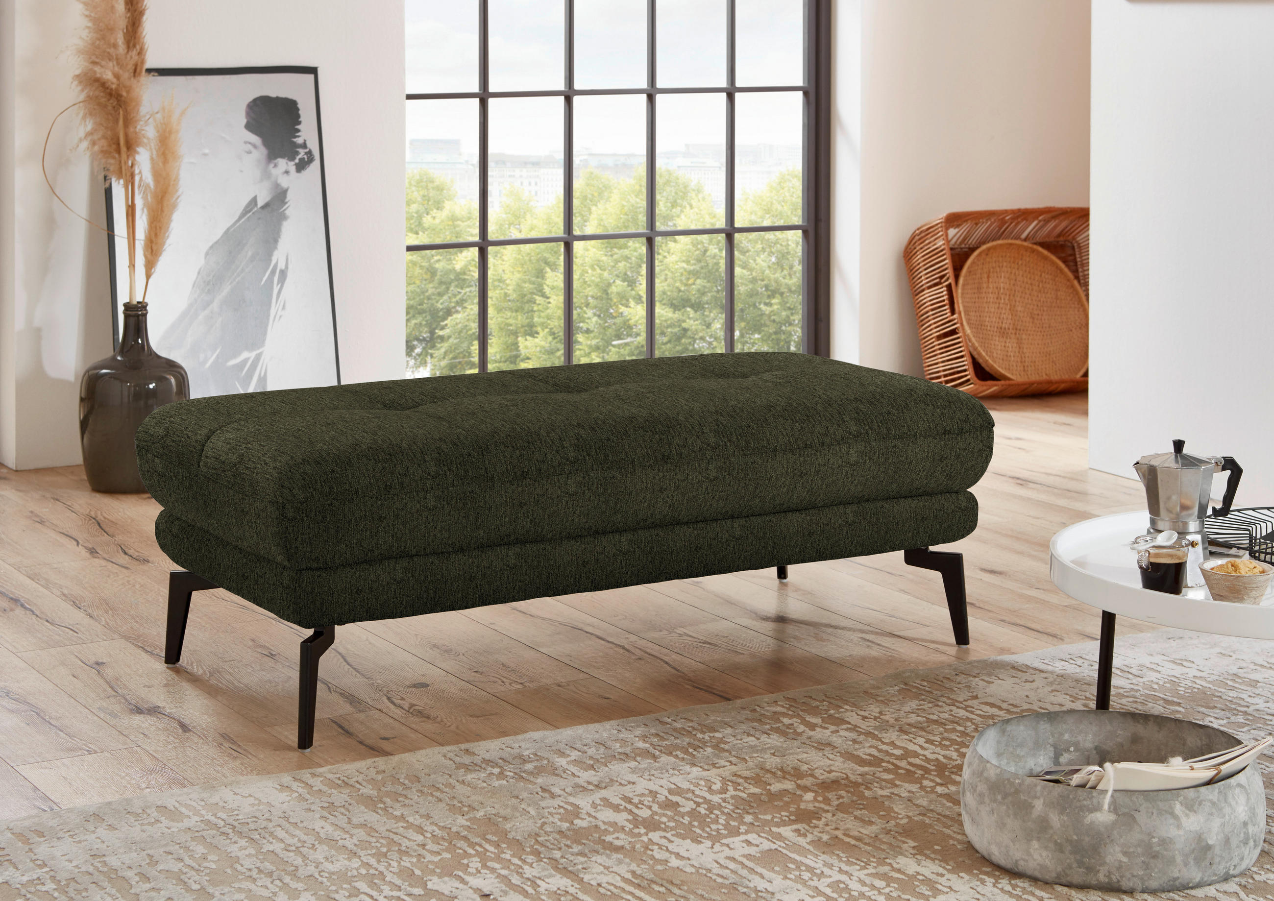 HOCKER in Textil Dunkelgrün  - Dunkelgrün/Schwarz, Design, Textil/Metall (132/45/68cm) - Beldomo Style