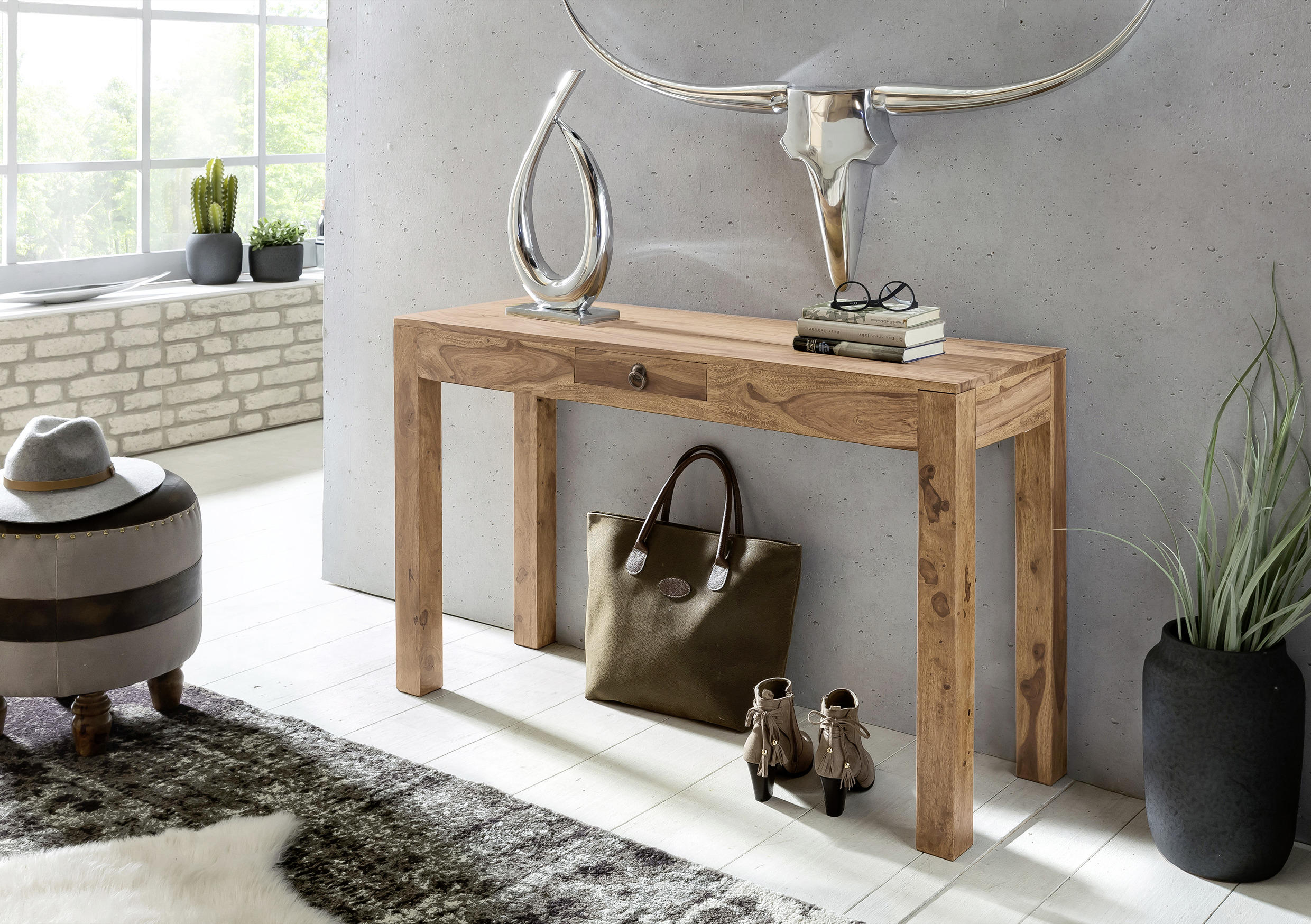 KONSOLENTISCH Akazie massiv Akaziefarben - Schwarz/Akaziefarben, LIFESTYLE, Holz/Metall (120/40/70cm) - MID.YOU