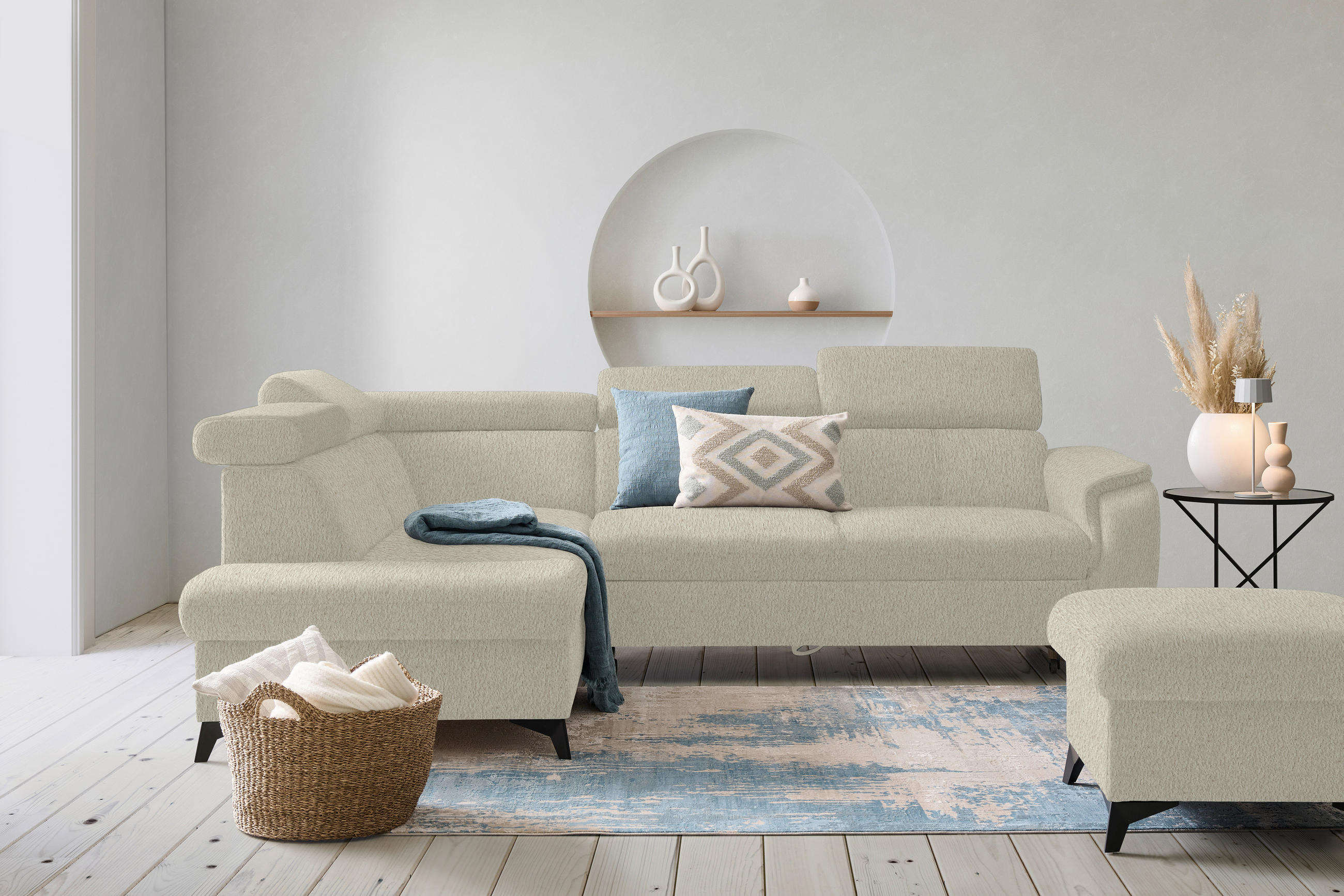 ECKSOFA in Teddystoff Ecru  - Ecru/Schwarz, Design, Textil/Metall (203/260cm) - Stylife