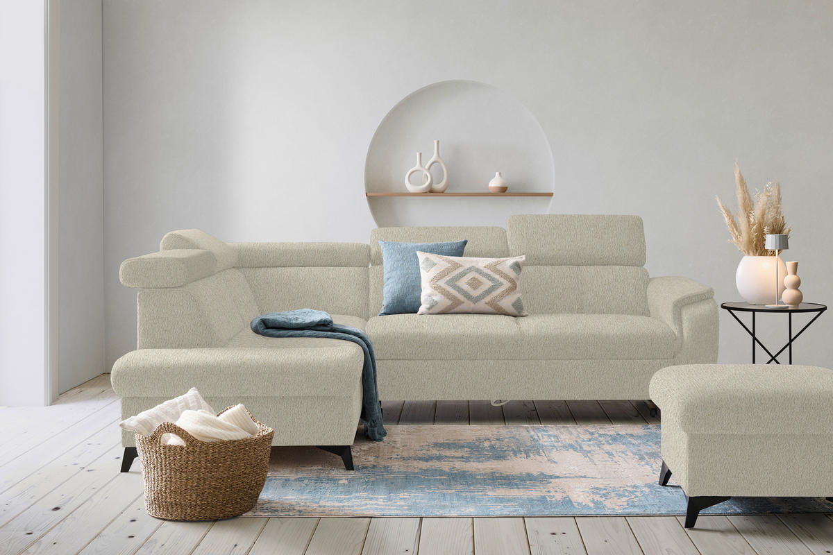 ECKSOFA in Teddystoff Ecru  - Ecru/Schwarz, Design, Textil/Metall (203/260cm) - Stylife