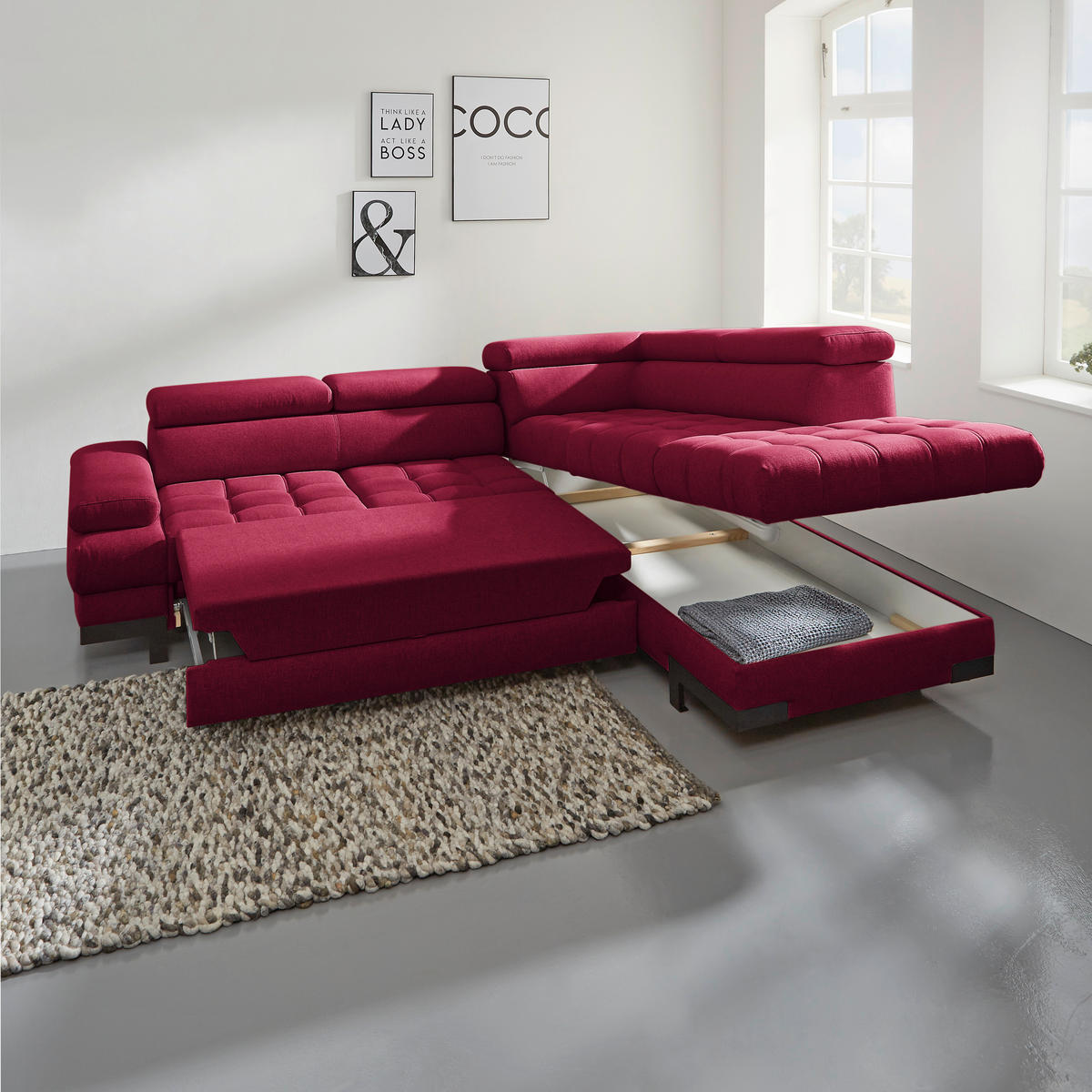 ECKSOFA in Webstoff Rot  - Rot/Schwarz, Design, Textil/Metall (263/223cm) - Welnova