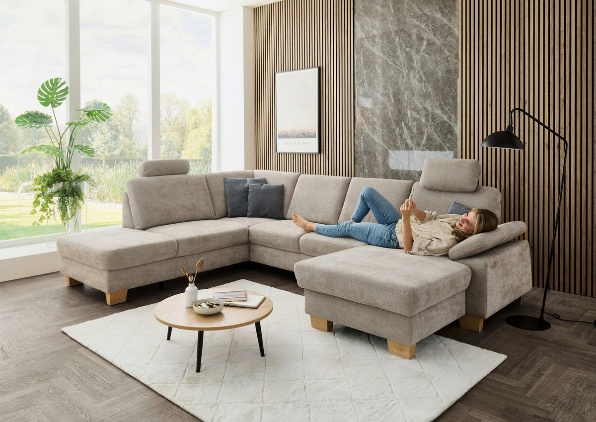 WOHNLANDSCHAFT Beldomo System in Flachgewebe Beige  - Eichefarben/Beige, KONVENTIONELL, Holz/Textil (235/316/167cm) - Beldomo System