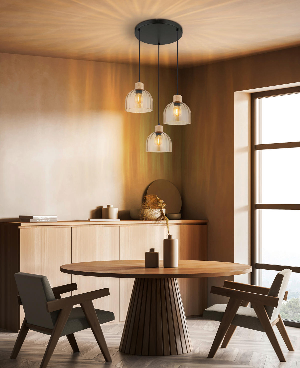 HÄNGELEUCHTE Swanson 40/130 cm  - Bernsteinfarben/Schwarz, Design, Glas/Holz (40/130cm) - Globo