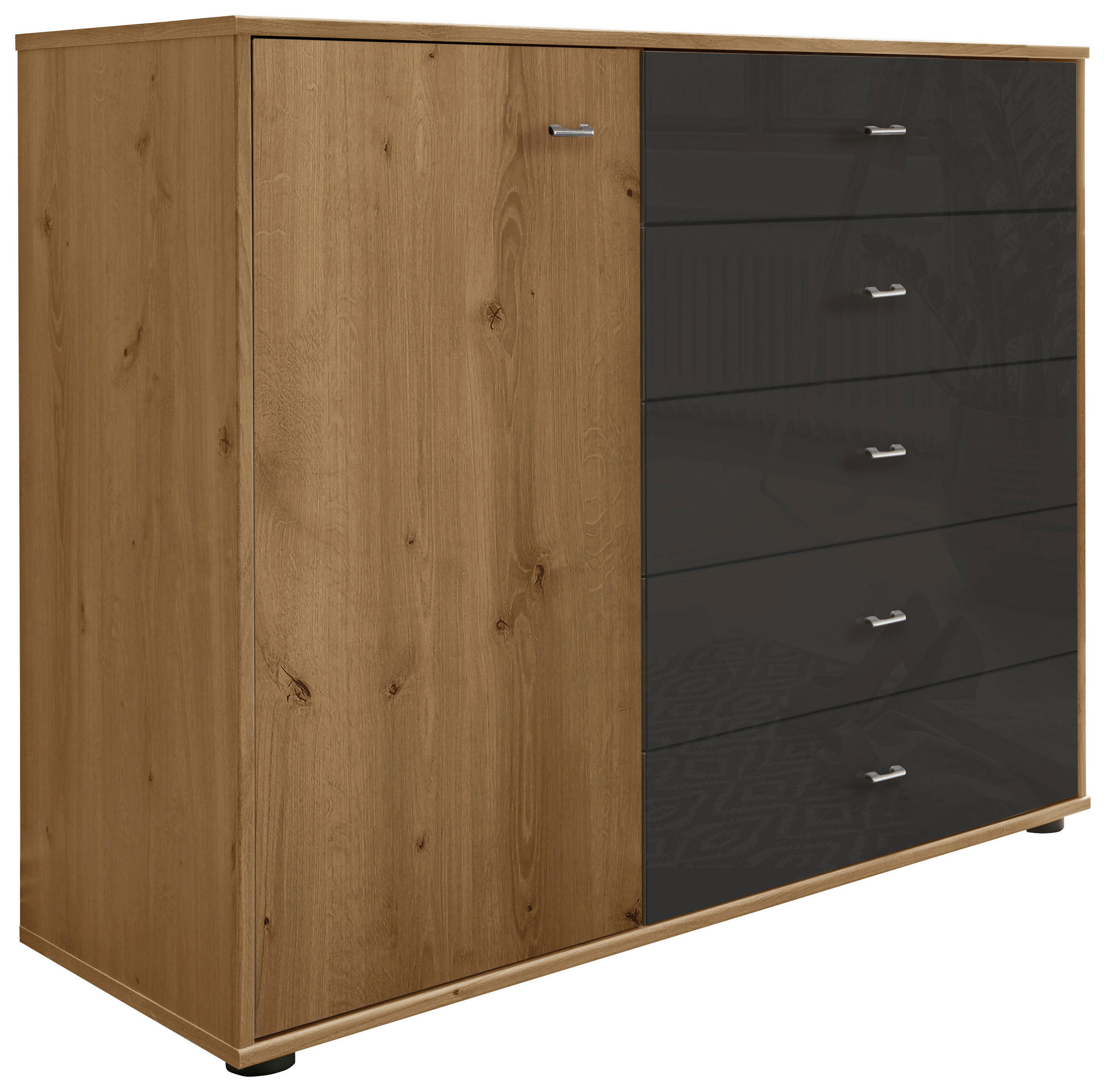 KOMMODE , 120/86/43 cm, 5 Schublade(n)  - Chromfarben/Eichefarben, KONVENTIONELL, Glas/Holzwerkstoff (120/86/43cm) - Novel