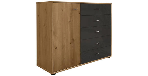 KOMMODE , 120/86/43 cm, 5 Schublade(n)  - Chromfarben/Eichefarben, KONVENTIONELL, Glas/Holzwerkstoff (120/86/43cm) - Novel