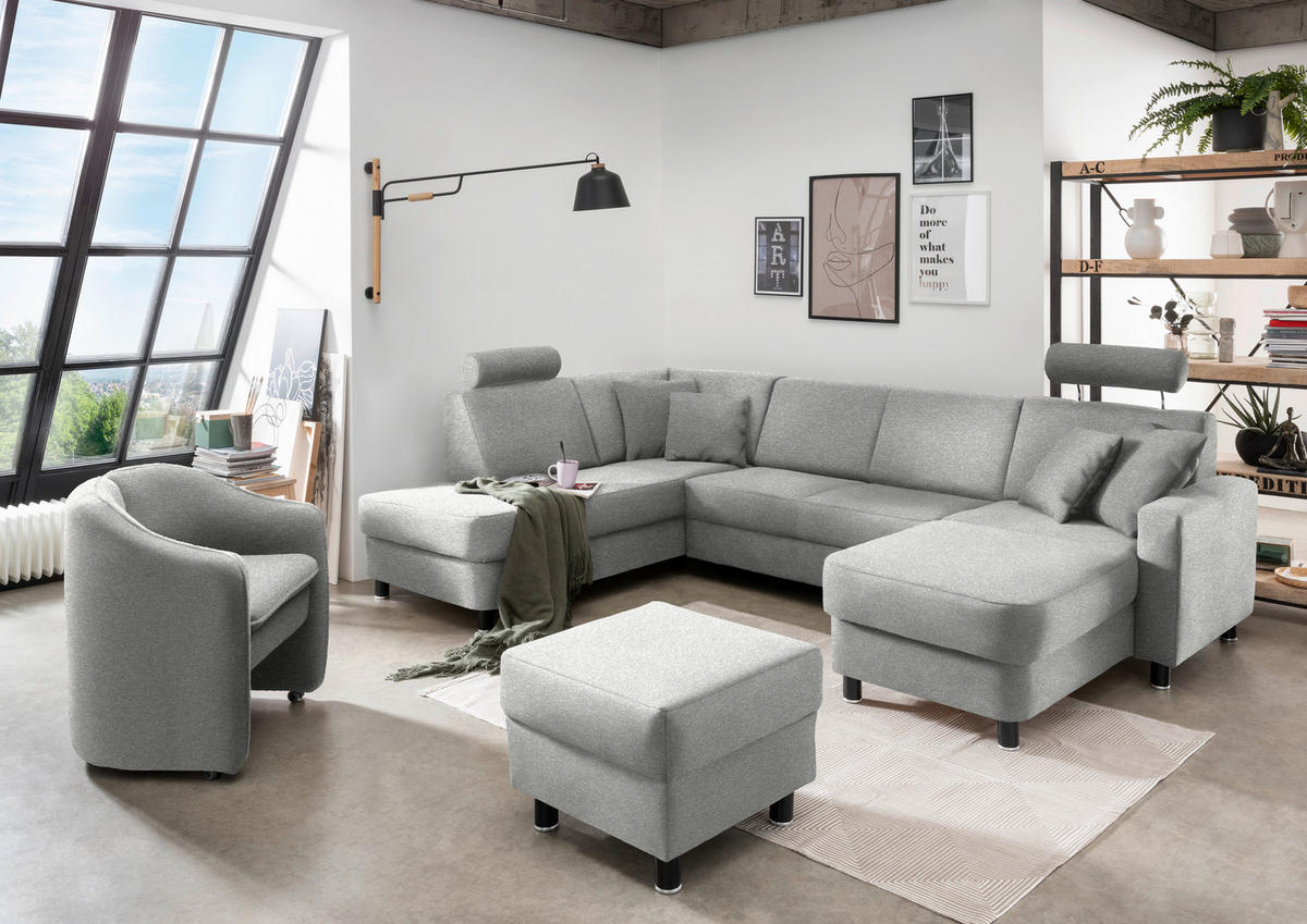 WOHNLANDSCHAFT in Webstoff Platinfarben  - Platinfarben/Schwarz, Design, Holz/Textil (198/296/165cm) - Xora