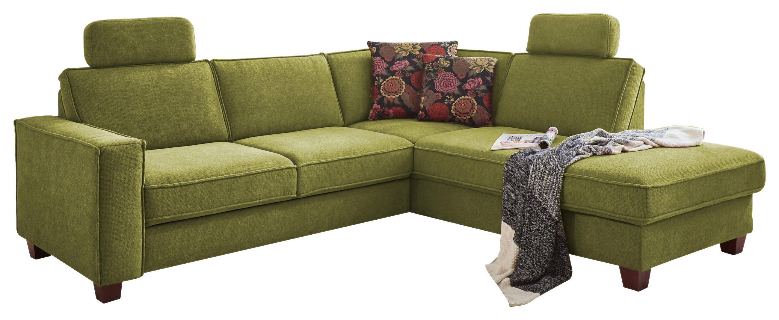 ECKSOFA in Chenille, Flachgewebe Dunkelgrün  - Dunkelgrün/Nussbaumfarben, Konventionell, Holz/Textil (236/213cm) - Sit & More