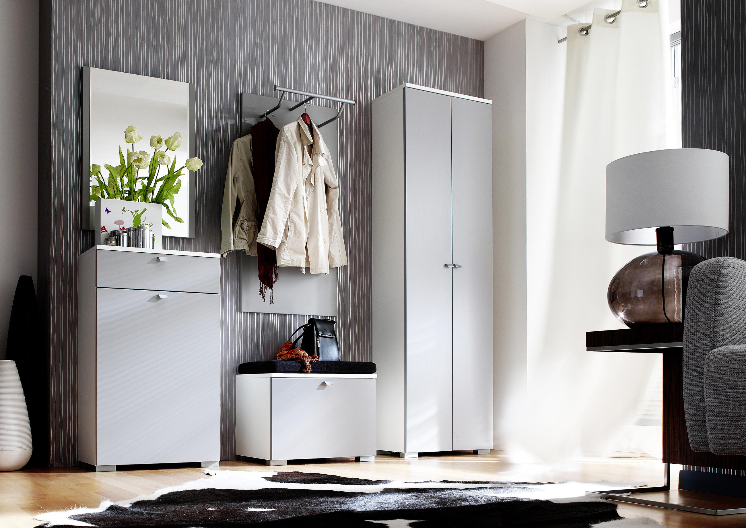 GARDEROBE 6-teilig  in 210/200/42 cm  - Weiß/Grau, Design, Glas/Holzwerkstoff (210/200/42cm) - Moderano