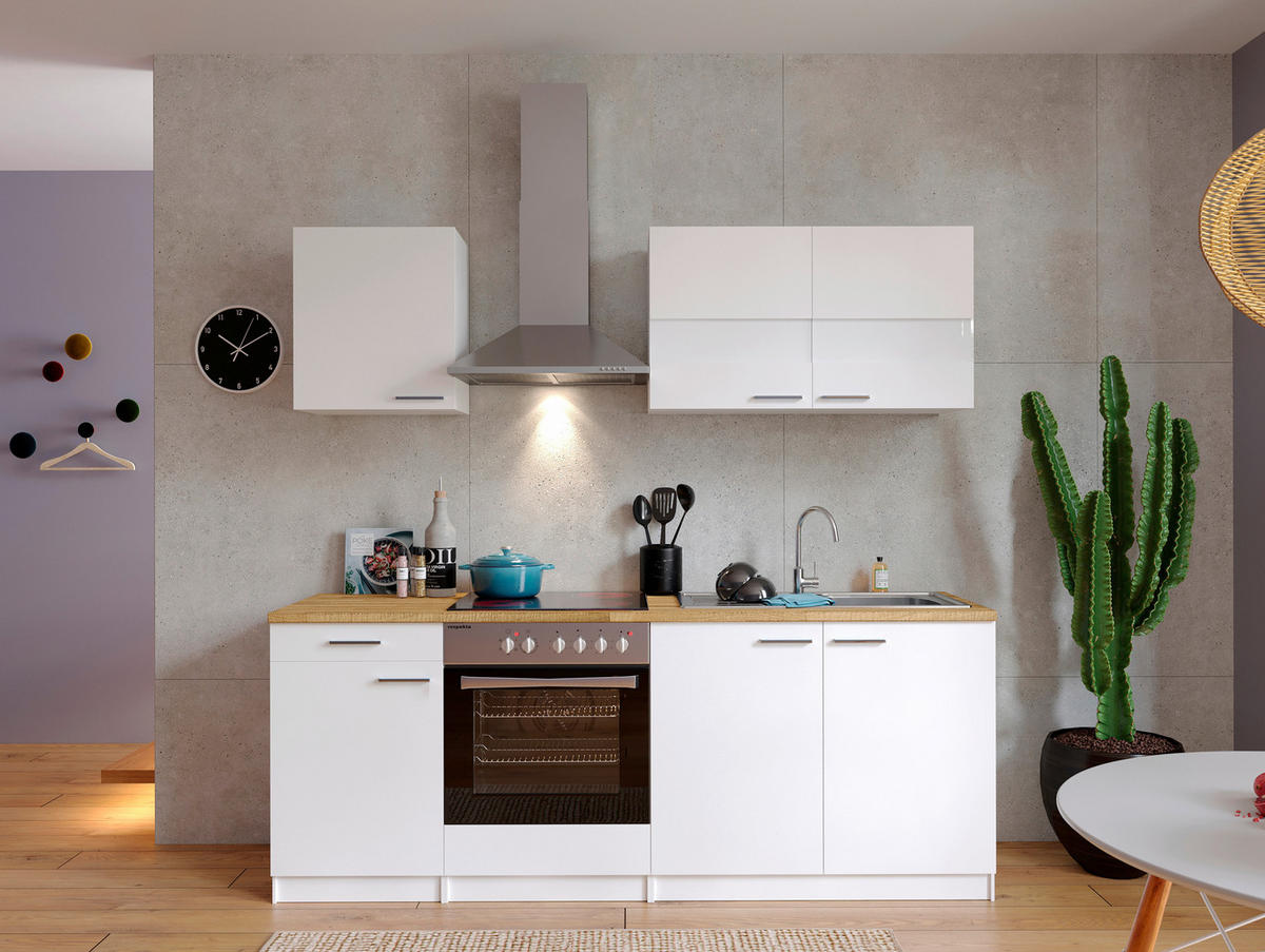 KÜCHENBLOCK 210 cm   in Weiß  - Edelstahlfarben/Nussbaumfarben, Basics, Holzwerkstoff/Metall (210cm) - Respekta