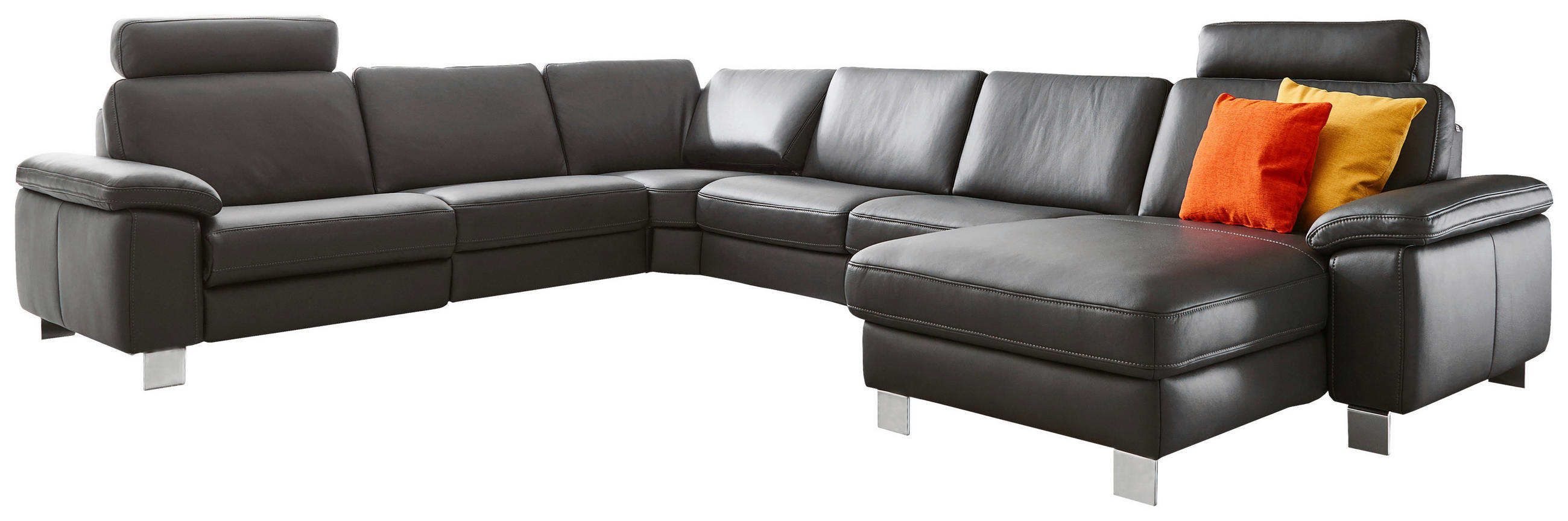 WOHNLANDSCHAFT in Echtleder Schwarz  - Chromfarben/Schwarz, Design, Leder/Metall (272/364cm) - Valdera