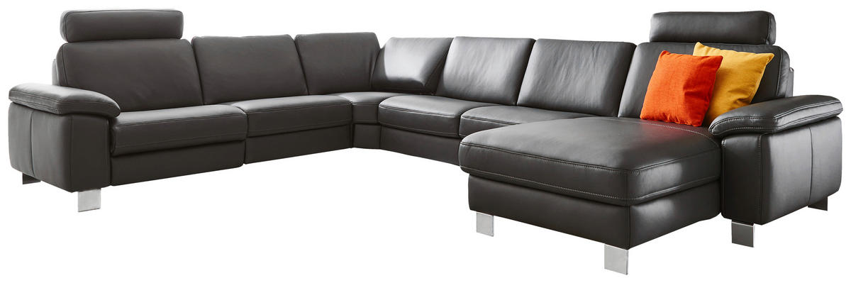 WOHNLANDSCHAFT in Echtleder Schwarz  - Chromfarben/Schwarz, Design, Leder/Metall (272/364cm) - Valdera