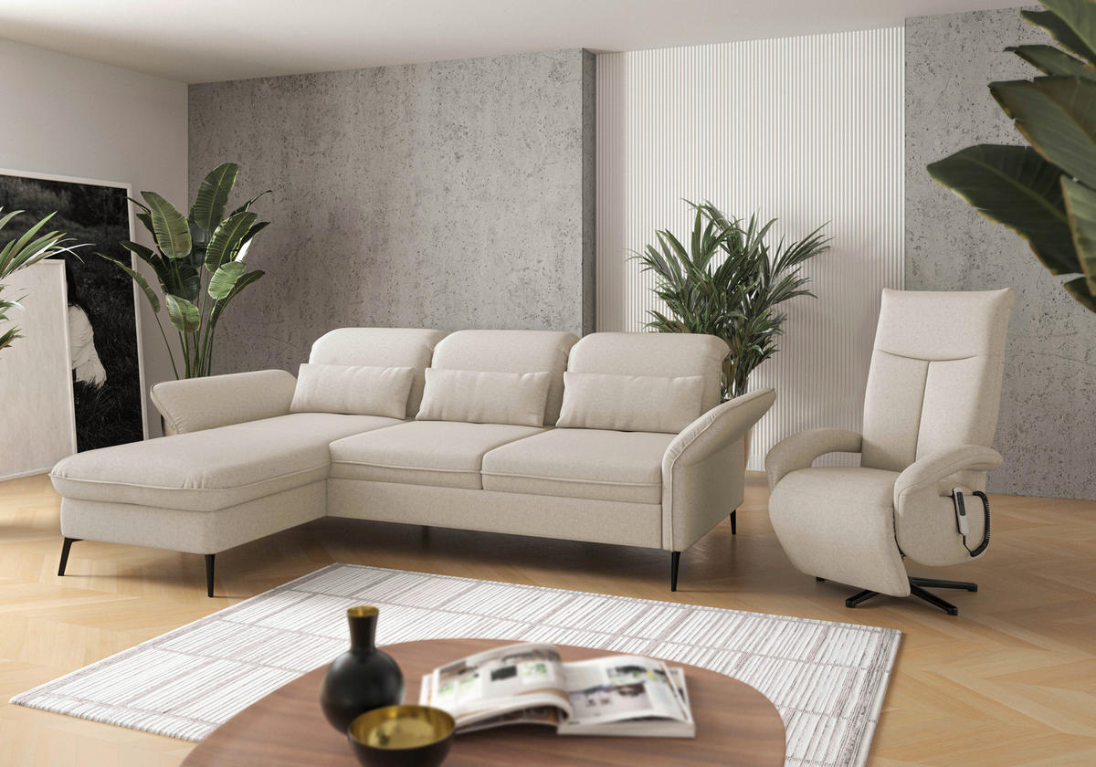 ECKSOFA in Flachgewebe Creme  - Creme/Schwarz, Konventionell, Textil/Metall (198/264cm) - Sit & More