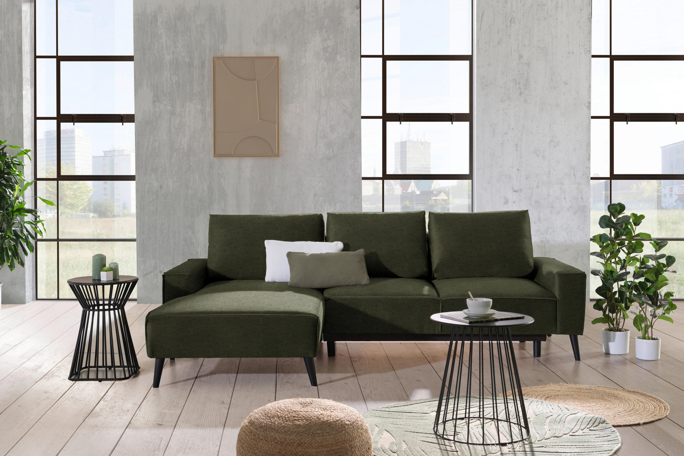ECKSOFA in Velours Olivgrün  - Schwarz/Olivgrün, KONVENTIONELL, Holz/Textil (161/260cm) - Carryhome