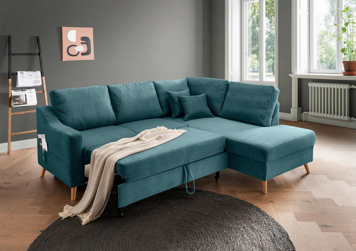 ECKSOFA in Cord Petrol  - Petrol/Naturfarben, MODERN, Holz/Textil (230/200cm) - Livetastic