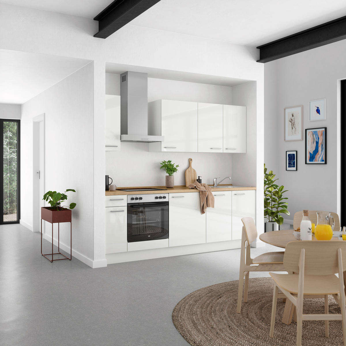 KÜCHENLEERBLOCK 240 cm   in Eichefarben, Weiß Hochglanz  - Edelstahlfarben/Eichefarben, MODERN, Holzwerkstoff/Metall (240cm) - Nobilia