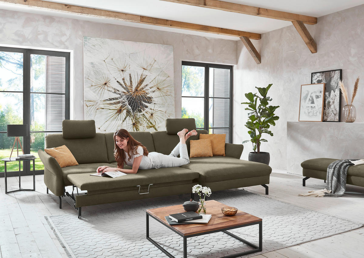ECKSOFA in Velours Olivgrün  - Schwarz/Olivgrün, Design, Textil/Metall (306/179cm) - Beldomo System