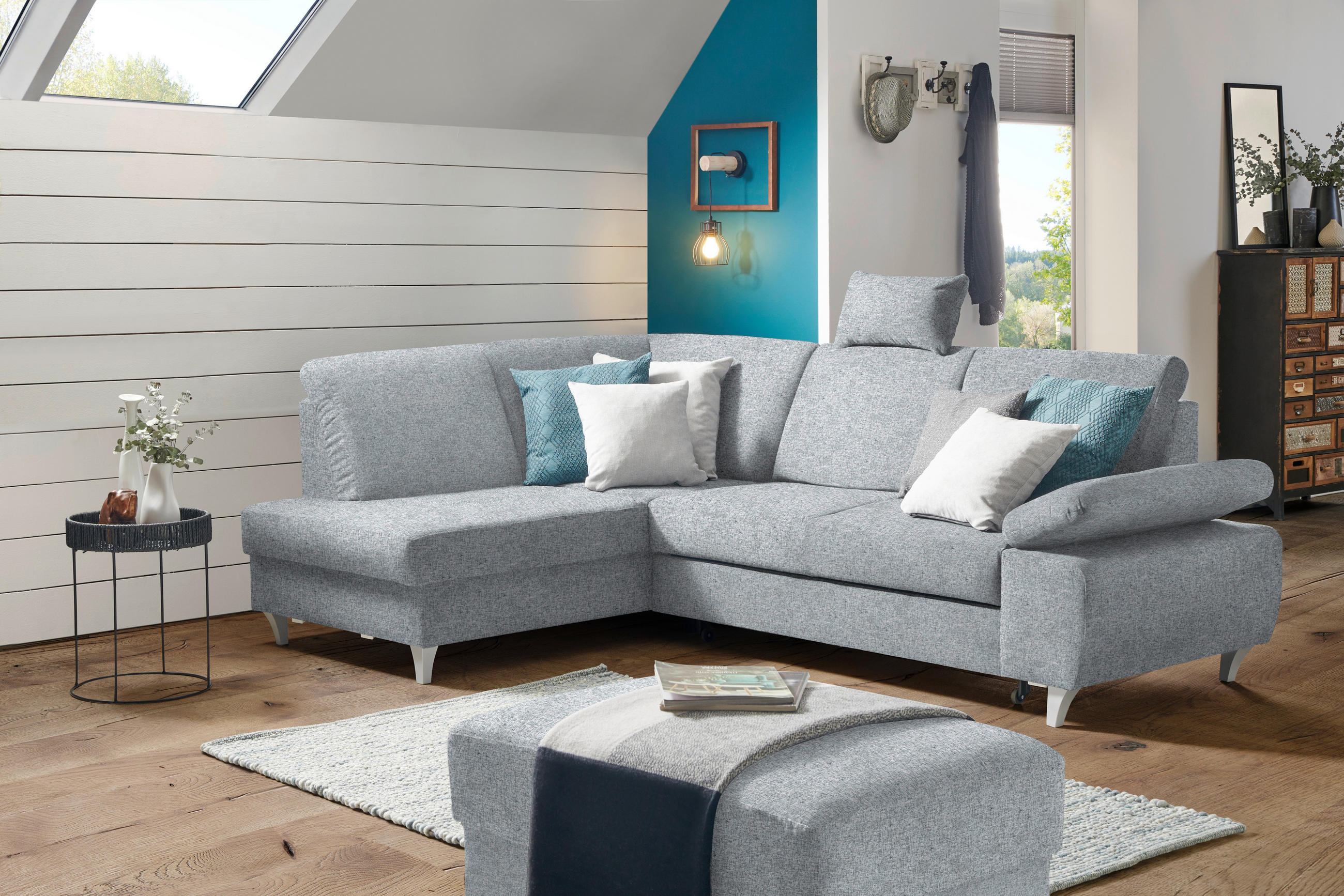 ECKSOFA in Flachgewebe Hellgrau  - Silberfarben/Hellgrau, Konventionell, Holz/Textil (186/255cm) - Cantus