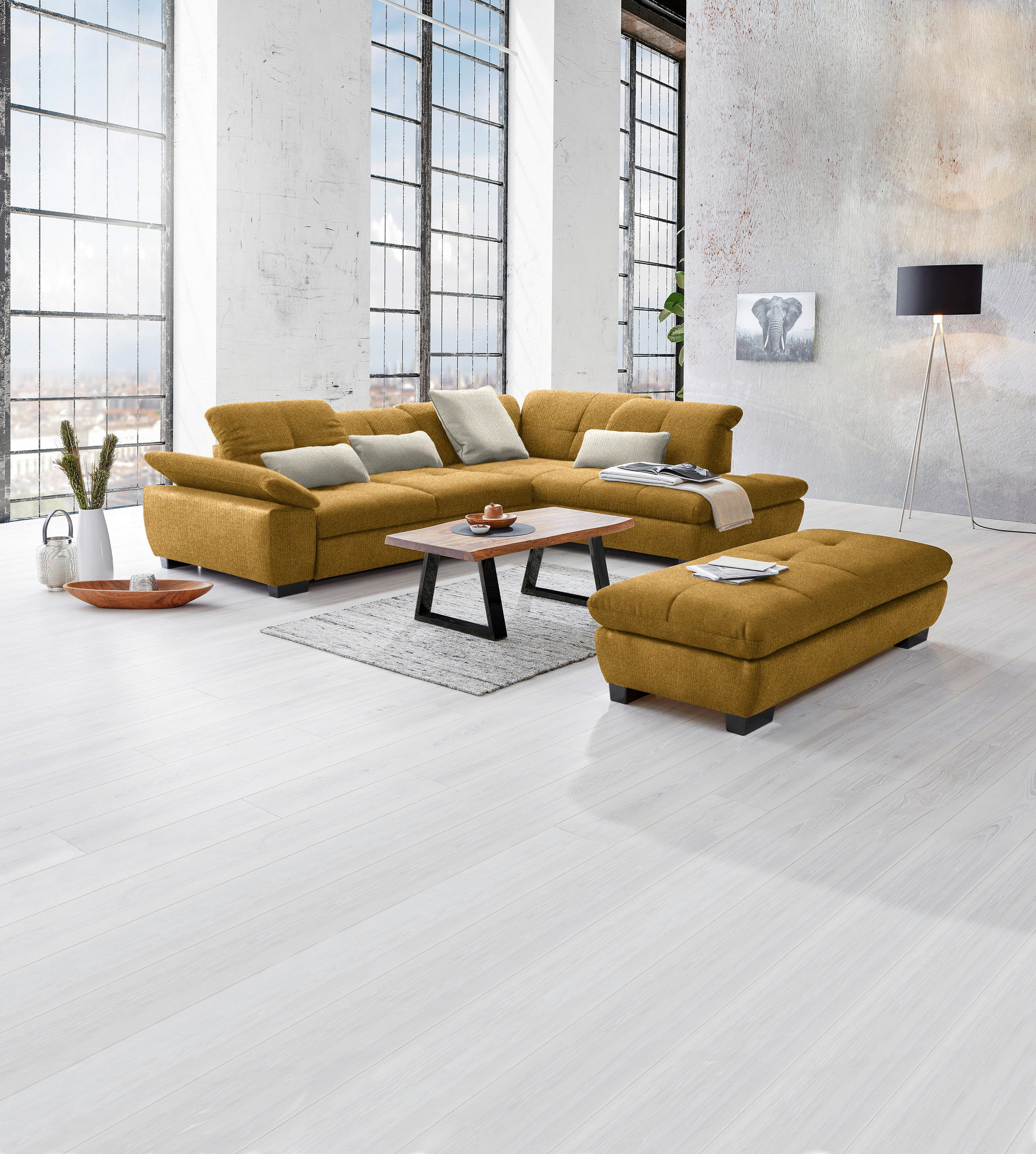 ECKSOFA Currygelb Flachgewebe  - Currygelb/Schwarz, Design, Textil/Metall (313/242cm) - Xora