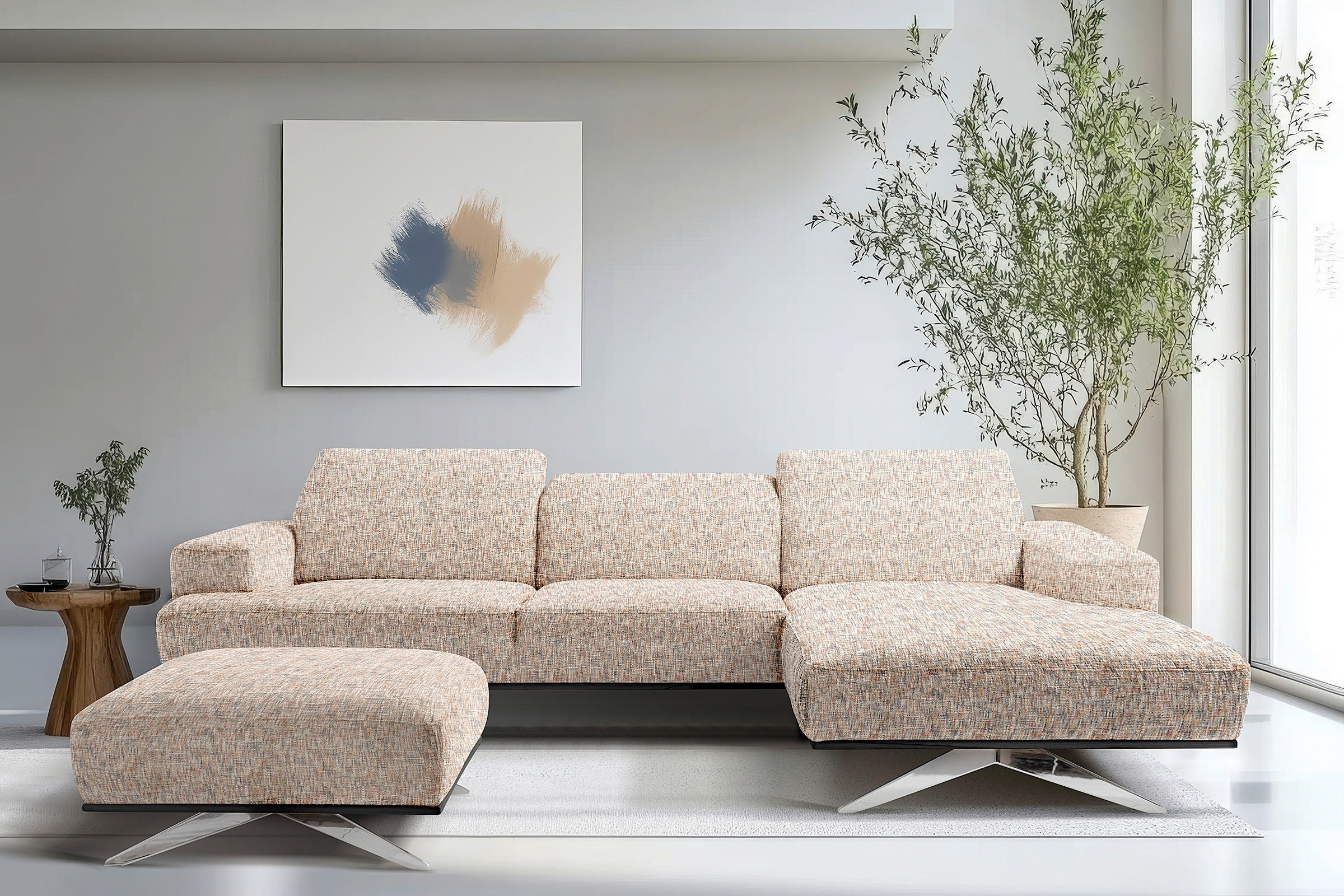 ECKSOFA PORTLAND in Struktur Blau, Gelb, Rot, Weiß Kopfteilverstellung  295/187 cm  - Chromfarben/Blau, Design, Holz/Textil (295/187cm) - Livetastic