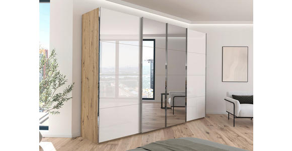 SCHWEBETÜRENSCHRANK  in Weiß, Eiche Artisan  - Chromfarben/Weiß, Design, Glas/Holzwerkstoff (316/235/68cm) - Novel