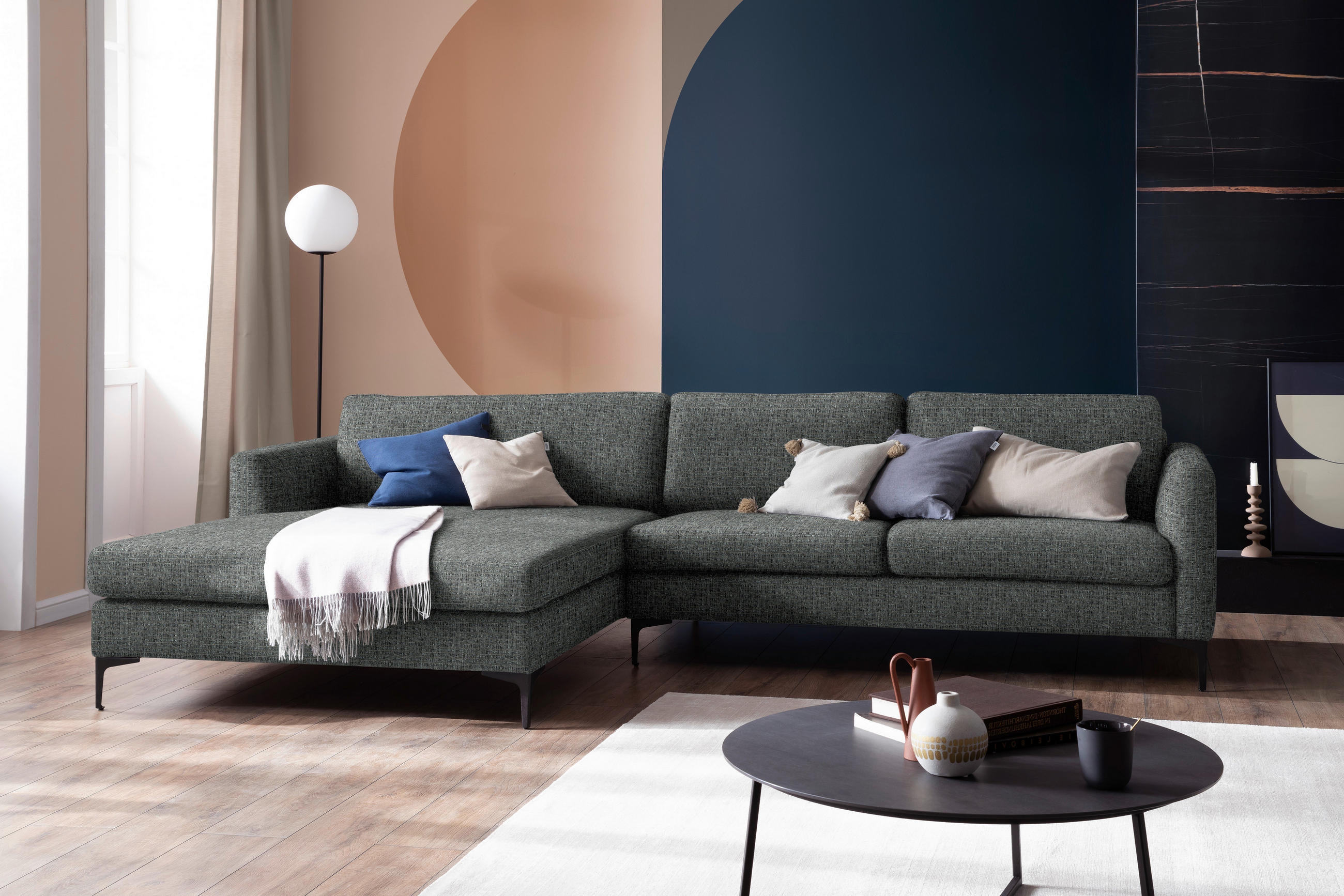 ECKSOFA in Flachgewebe Anthrazit  195/310 cm  - Anthrazit/Schwarz, Design, Textil/Metall (195/310cm) - Schöner Wohnen