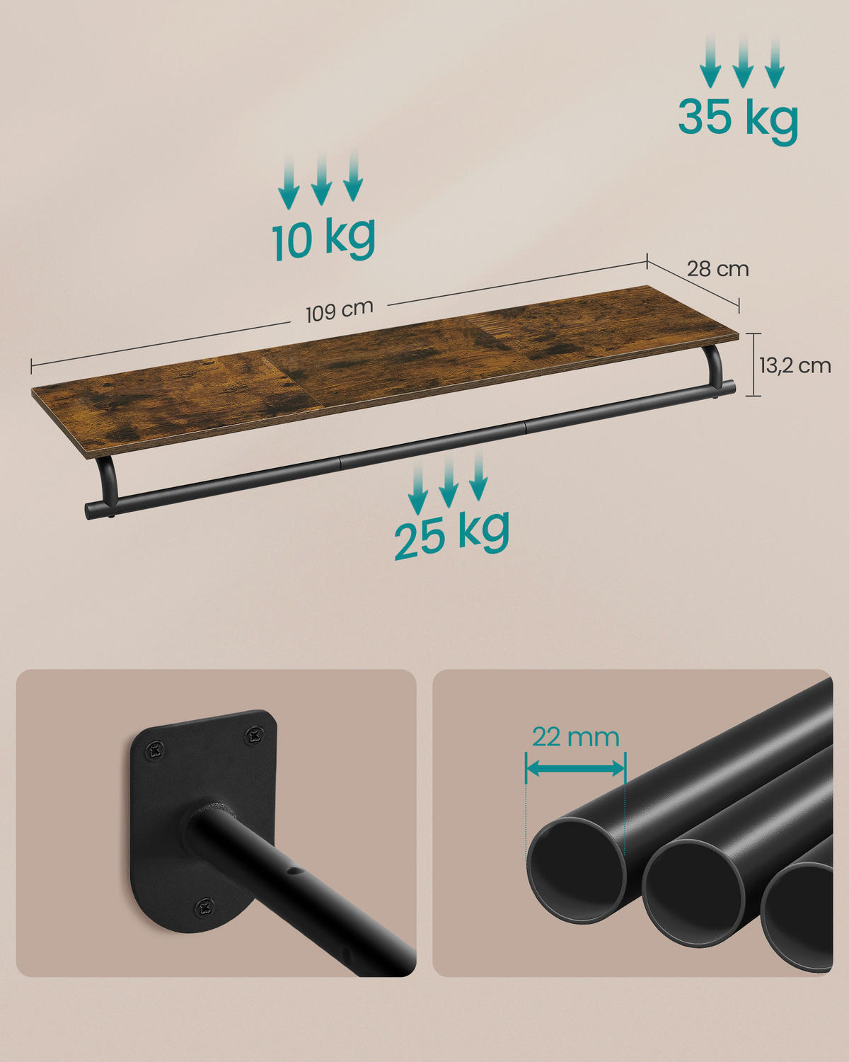 WANDGARDEROBE  in Braun, Schwarz  - Schwarz/Braun, Basics, Holzwerkstoff/Metall (109/13,2/28cm)